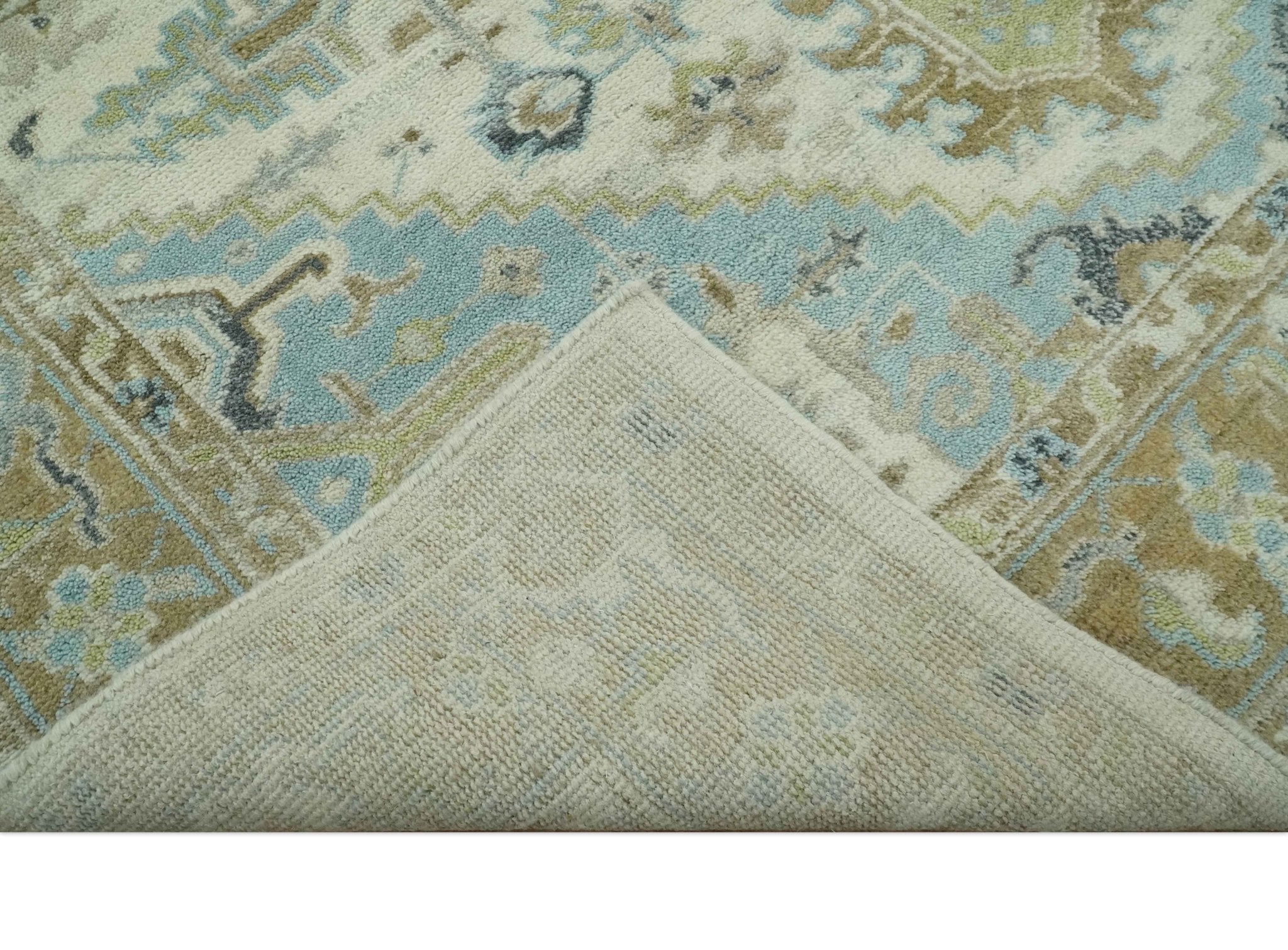 Custom Made Hand Knotted Ivory, Olive and Light Blue Traditional Wool Area Rug - The Rug Decor