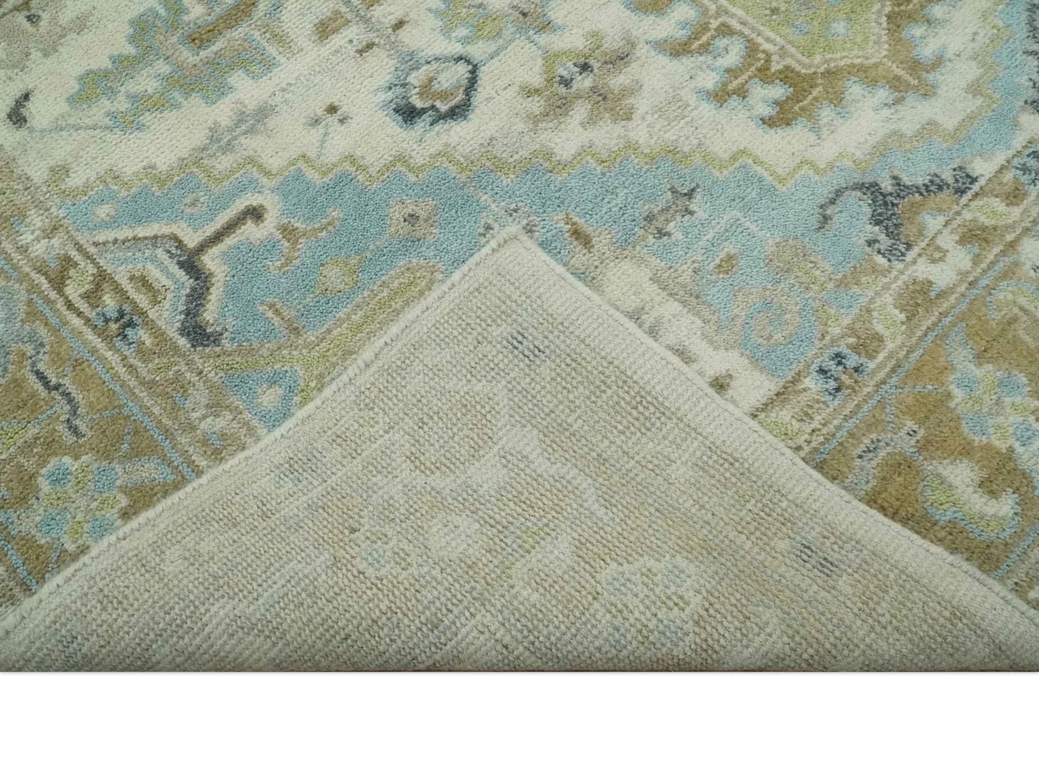 Custom Made Hand Knotted Ivory, Olive and Light Blue Traditional Wool Area Rug - The Rug Decor