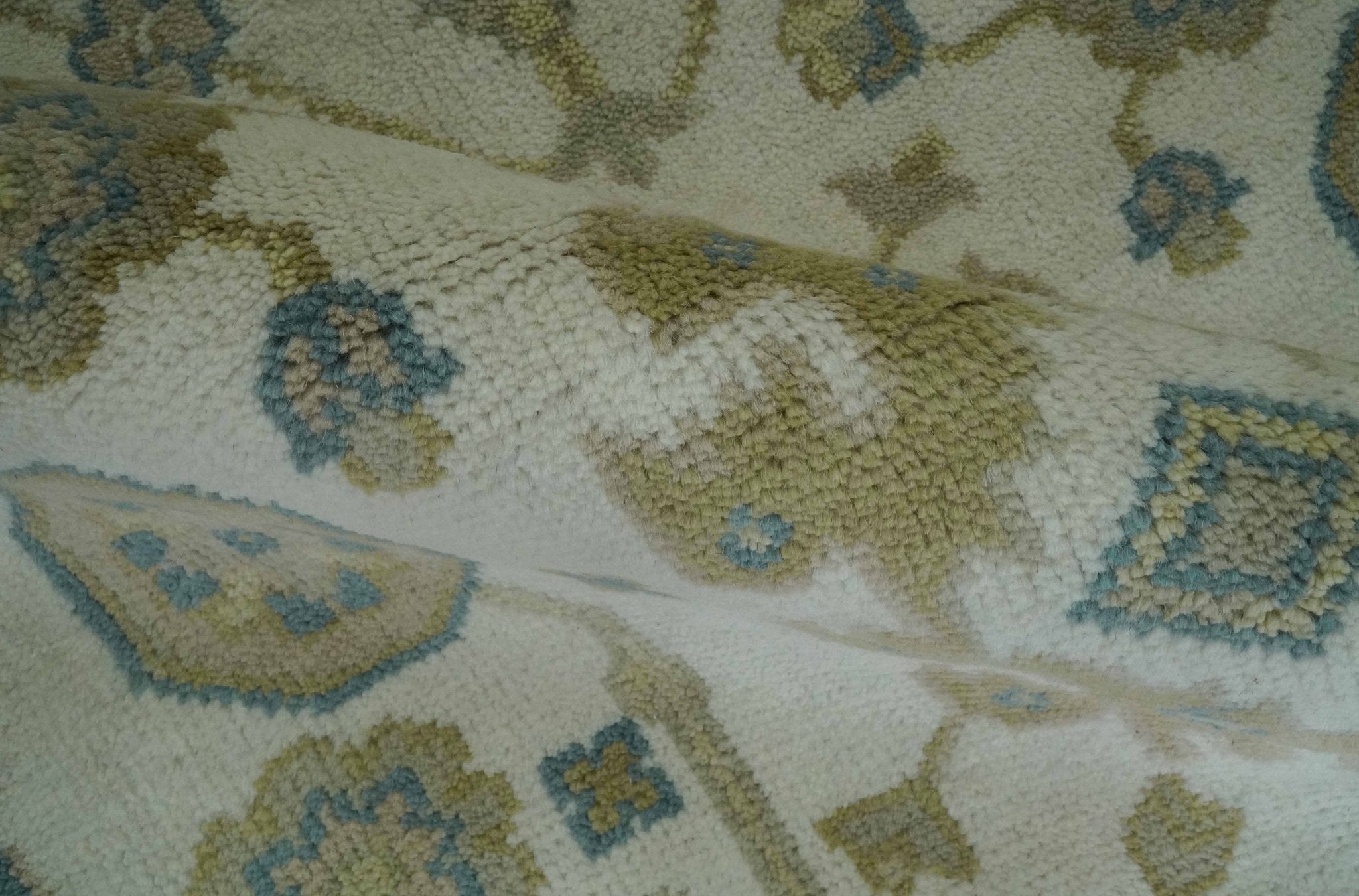 Custom Made Hand Knotted Ivory, Teal and Olive Traditional Oriental Oushak wool rug - The Rug Decor