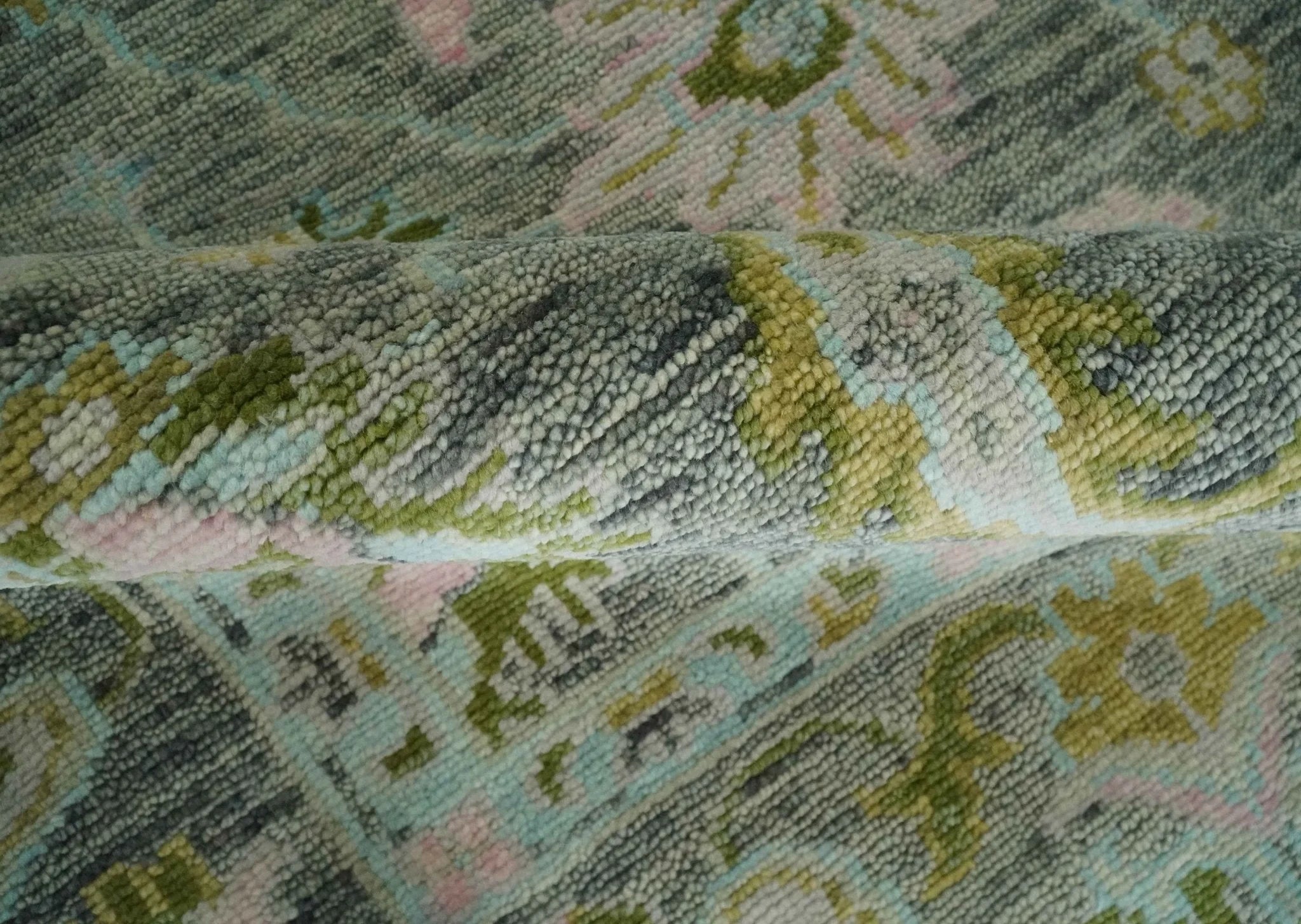 Custom Made Hand Knotted Moss Green Gray and Green Oriental Oushak Multi Size Traditional Wool Area Rug - The Rug Decor