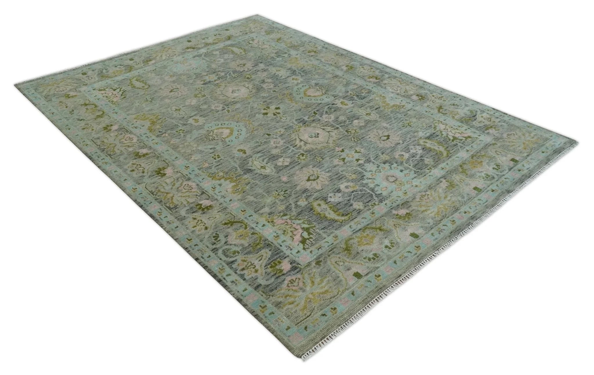 Custom Made Hand Knotted Moss Green Gray and Green Oriental Oushak Multi Size Traditional Wool Area Rug - The Rug Decor