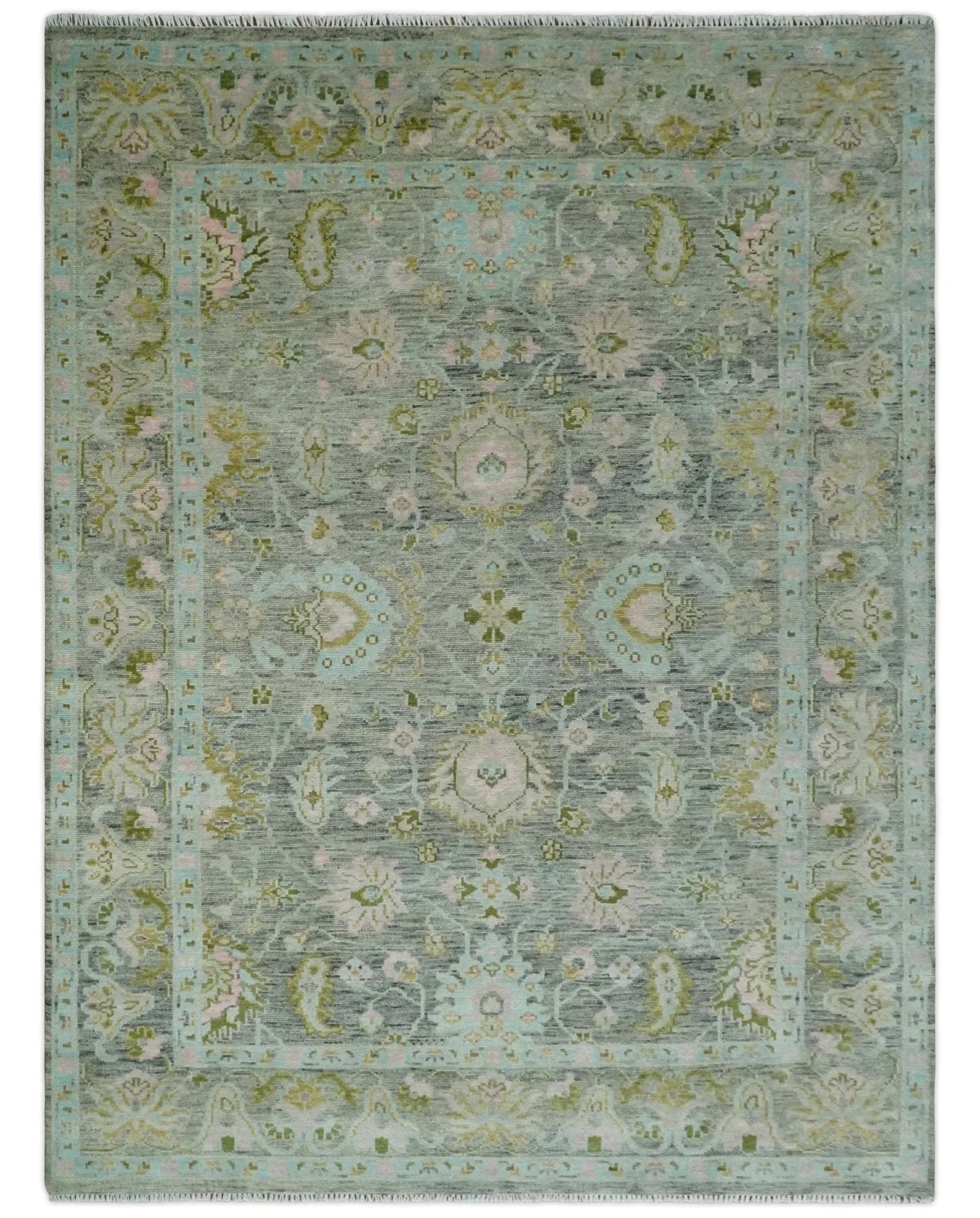 Custom Made Hand Knotted Moss Green Gray and Green Oriental Oushak Multi Size Traditional Wool Area Rug - The Rug Decor