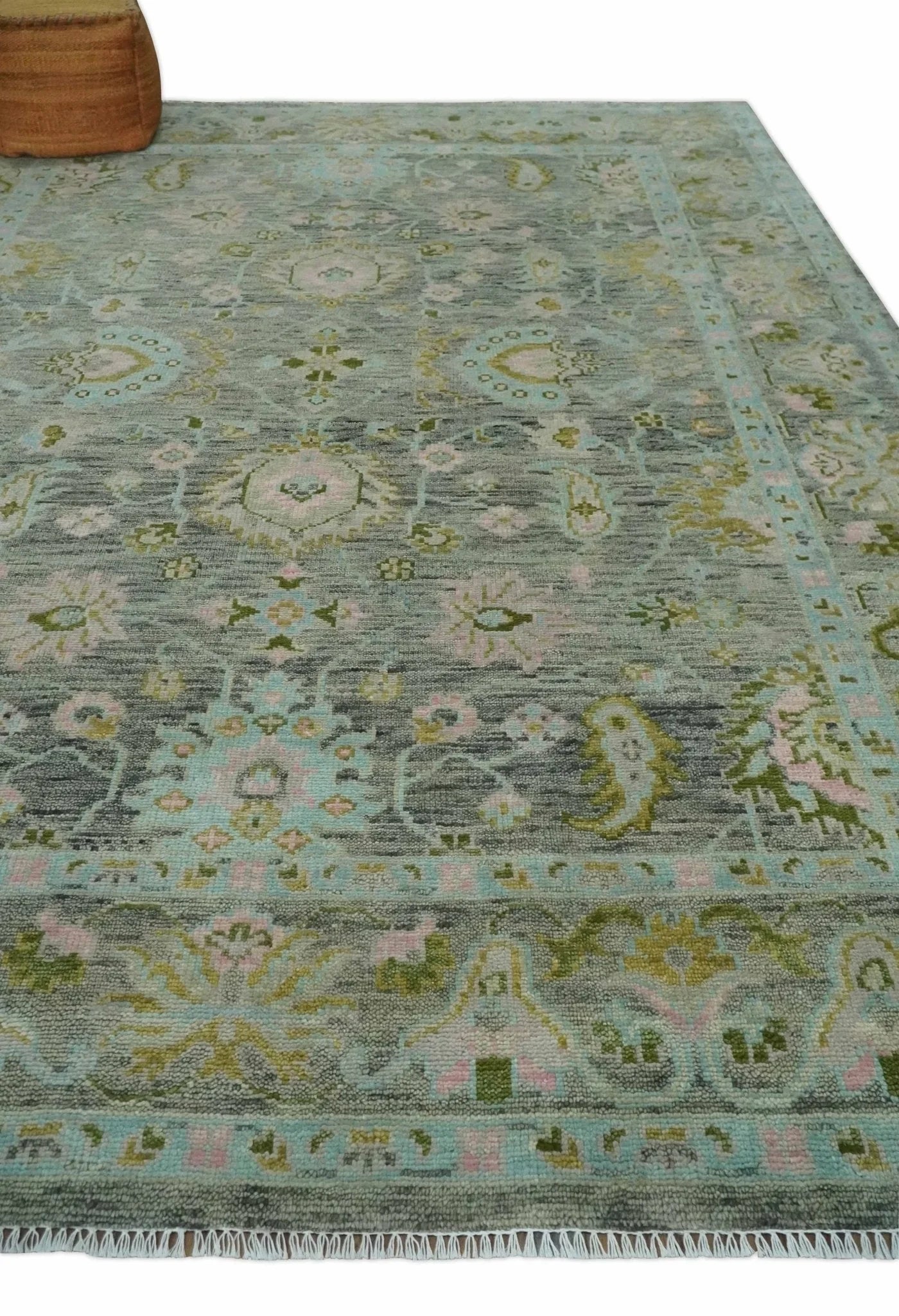 Custom Made Hand Knotted Moss Green Gray and Green Oriental Oushak Multi Size Traditional Wool Area Rug - The Rug Decor