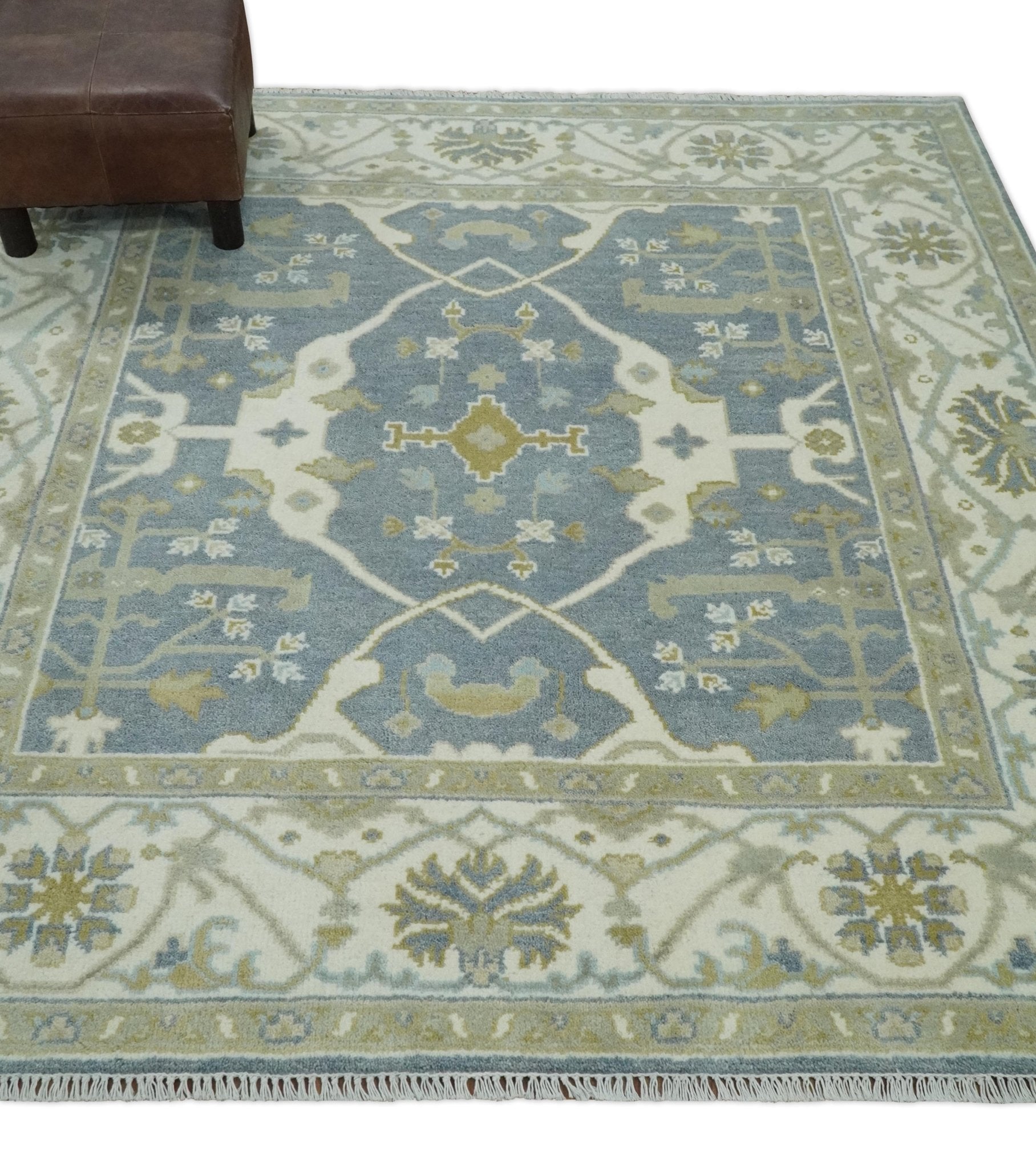 Custom Made Hand Knotted Oriental Oushak Ivory, Charcoal and Olive Wool Area Rug - The Rug Decor