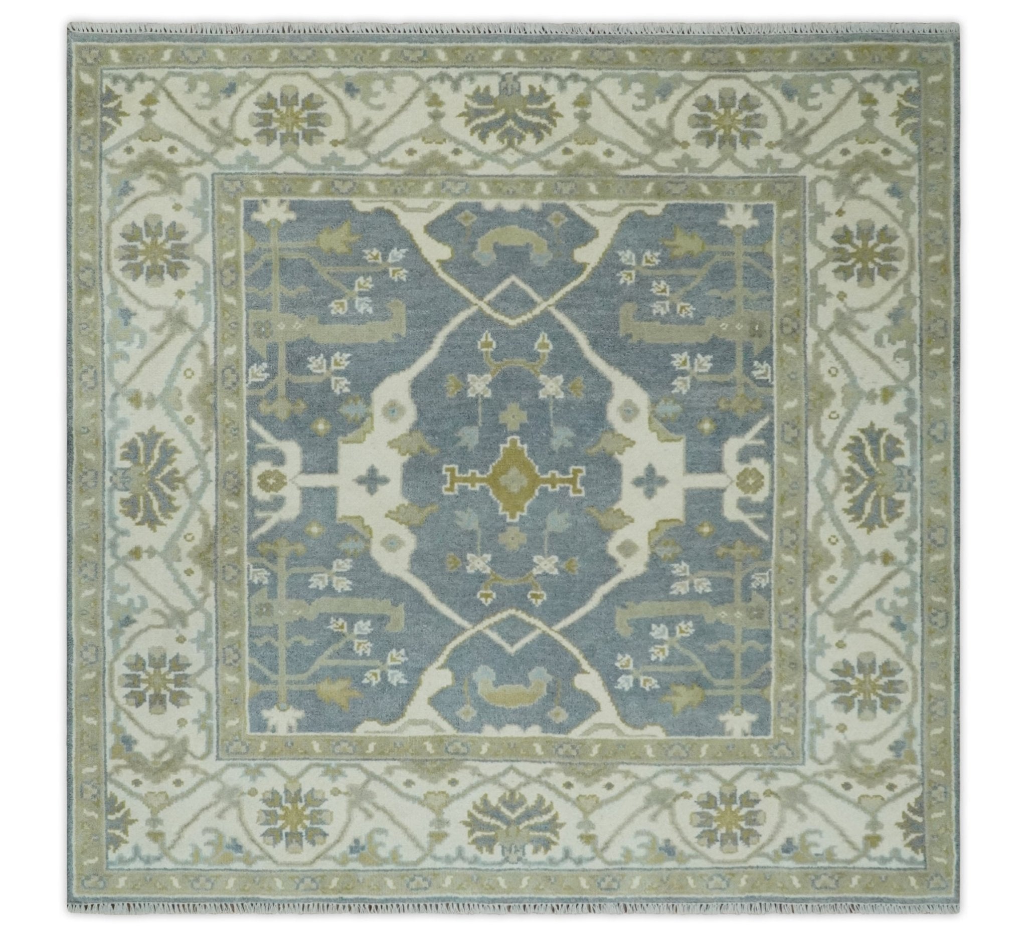 Custom Made Hand Knotted Oriental Oushak Ivory, Charcoal and Olive Wool Area Rug - The Rug Decor