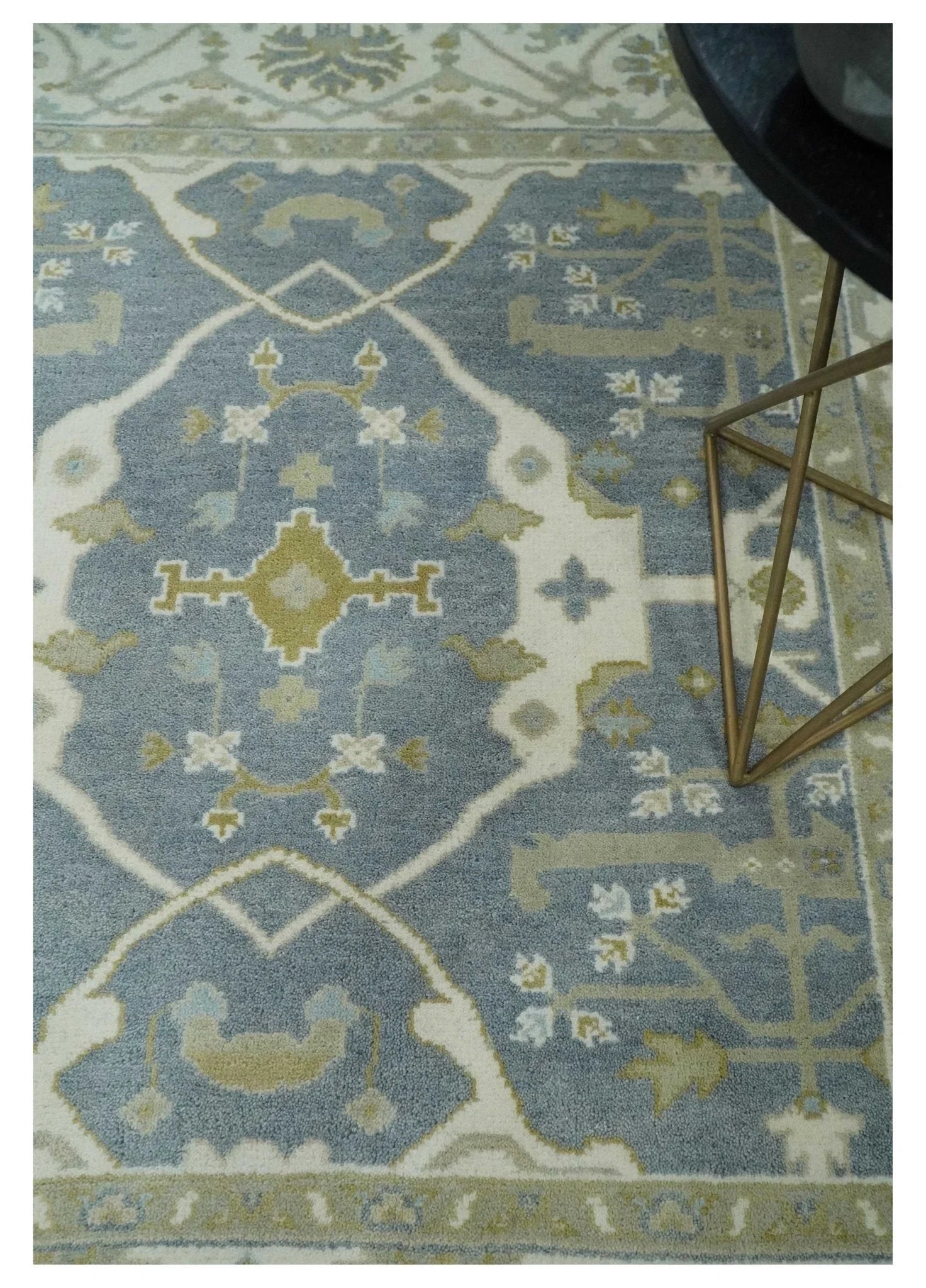 Custom Made Hand Knotted Oriental Oushak Ivory, Charcoal and Olive Wool Area Rug - The Rug Decor