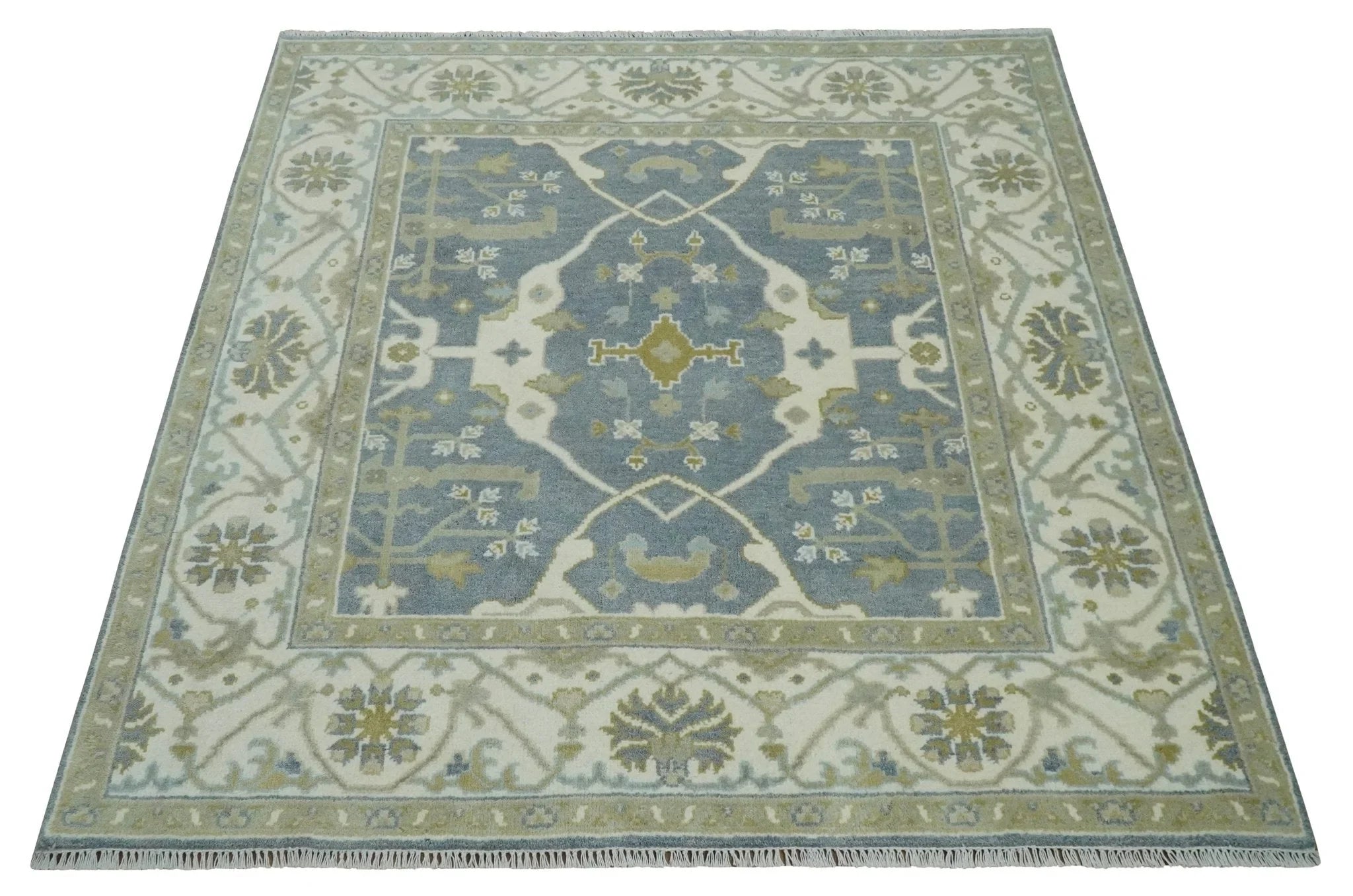 Custom Made Hand Knotted Oriental Oushak Ivory, Charcoal and Olive Wool Area Rug - The Rug Decor