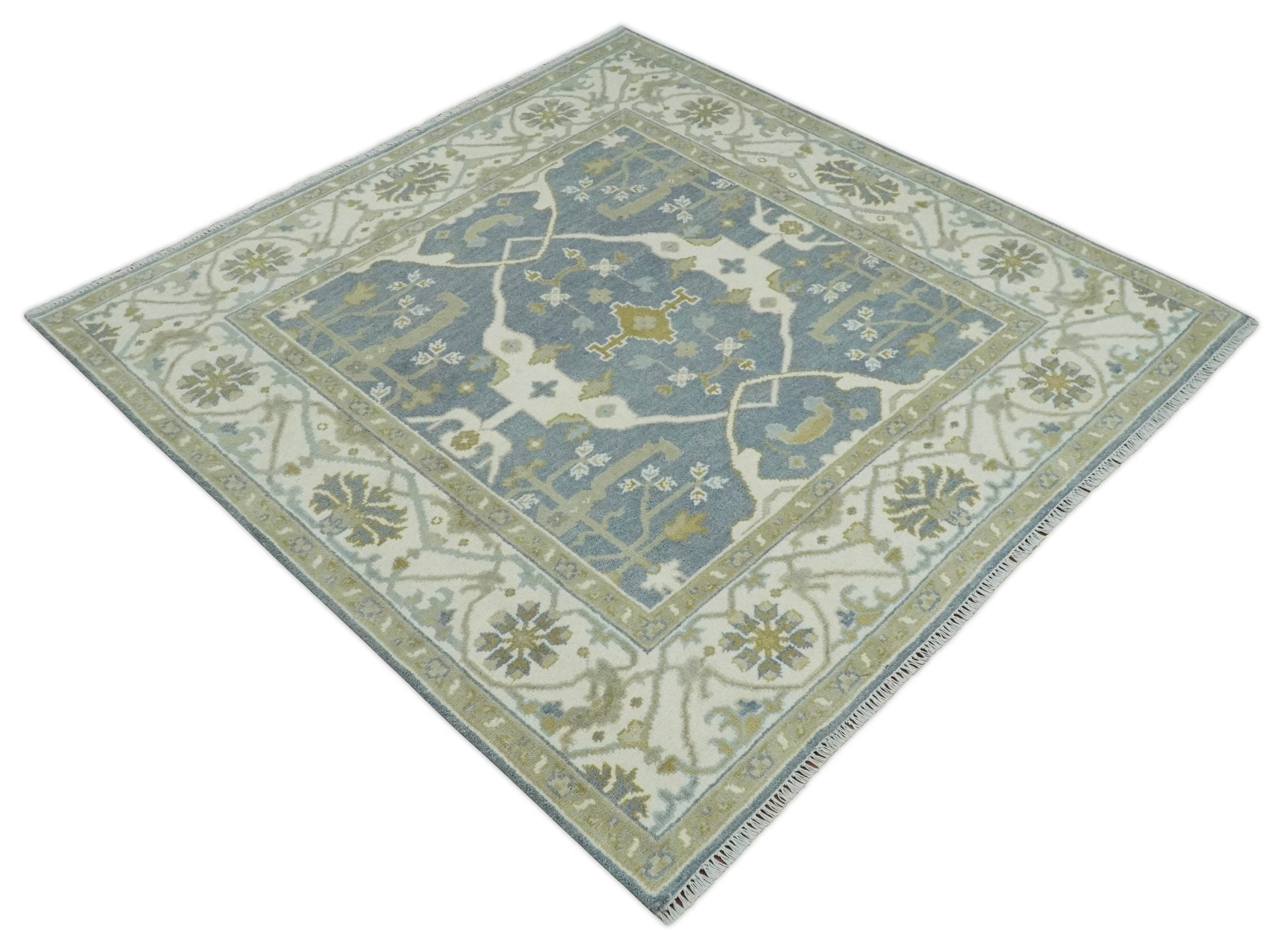 Custom Made Hand Knotted Oriental Oushak Ivory, Charcoal and Olive Wool Area Rug - The Rug Decor