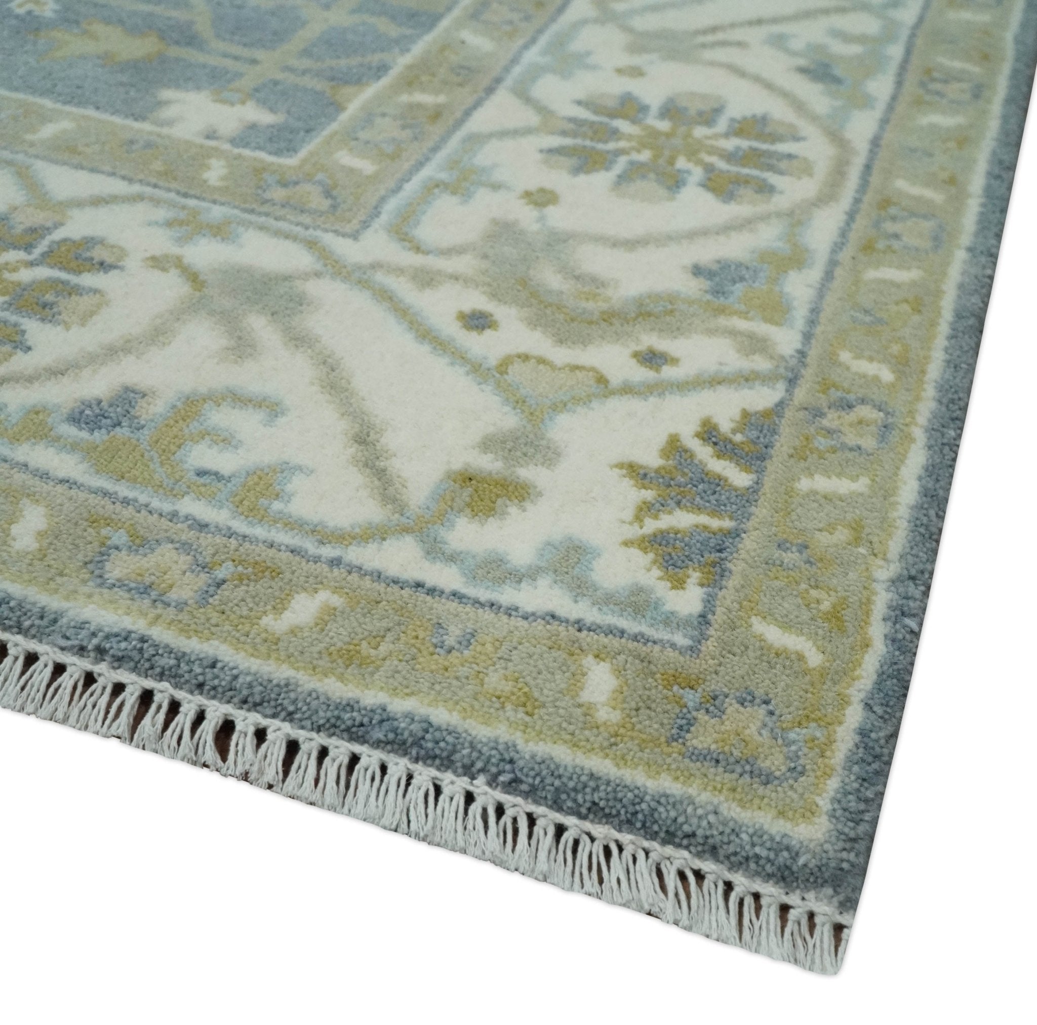 Custom Made Hand Knotted Oriental Oushak Ivory, Charcoal and Olive Wool Area Rug - The Rug Decor