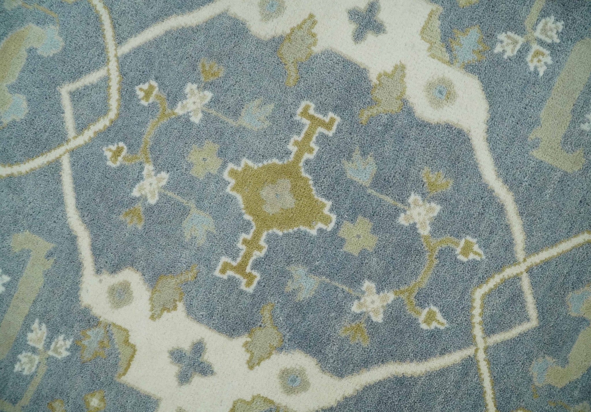 Custom Made Hand Knotted Oriental Oushak Ivory, Charcoal and Olive Wool Area Rug - The Rug Decor