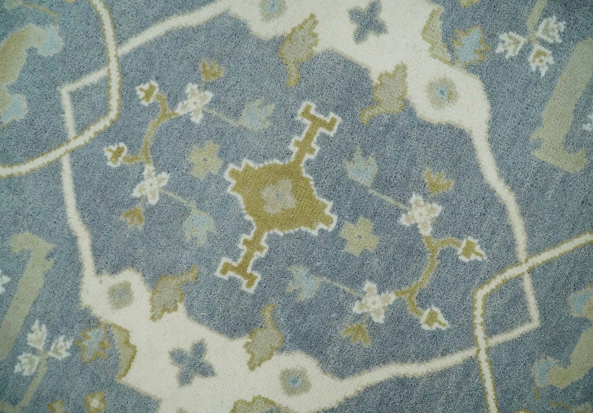 Custom Made Hand Knotted Oriental Oushak Ivory, Charcoal and Olive Wool Area Rug - The Rug Decor