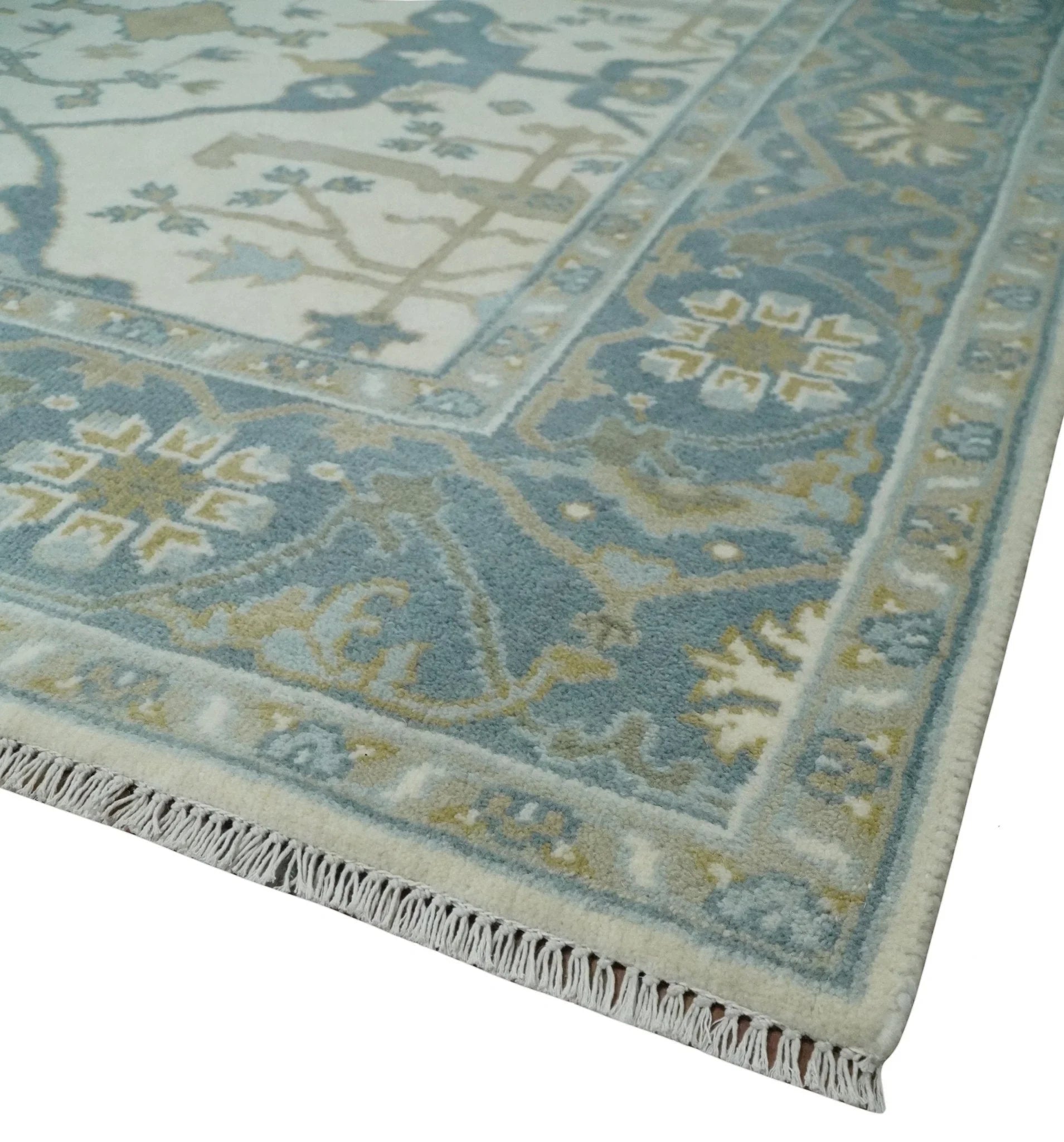 Custom Made Hand Knotted Oriental Oushak Ivory, Teal and Beige Wool Area Rug - The Rug Decor