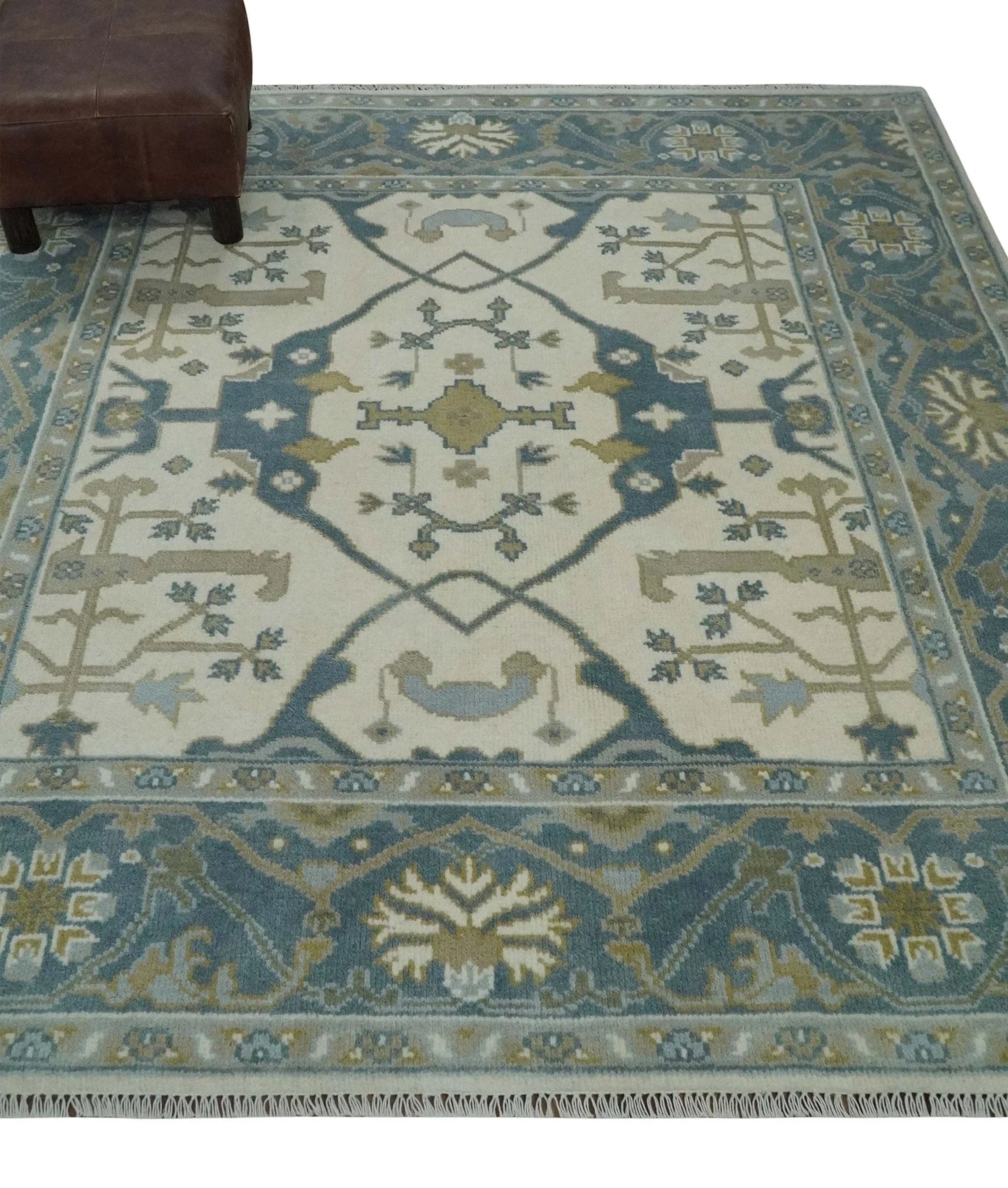 Custom Made Hand Knotted Oriental Oushak Ivory, Teal and Beige Wool Area Rug - The Rug Decor