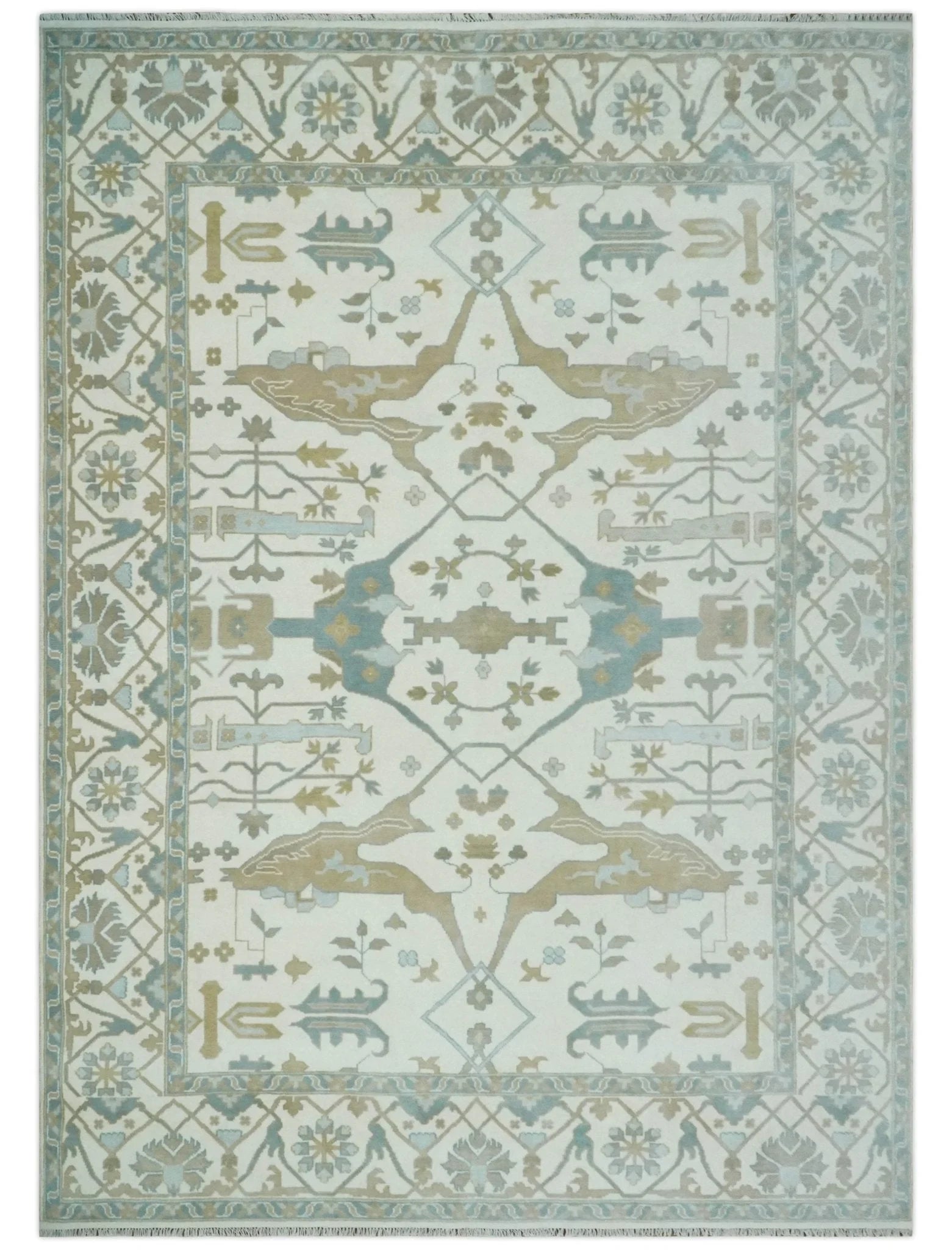 Custom Made Hand Knotted Oriental Oushak Ivory, Teal and Beige Wool Area Rug - The Rug Decor