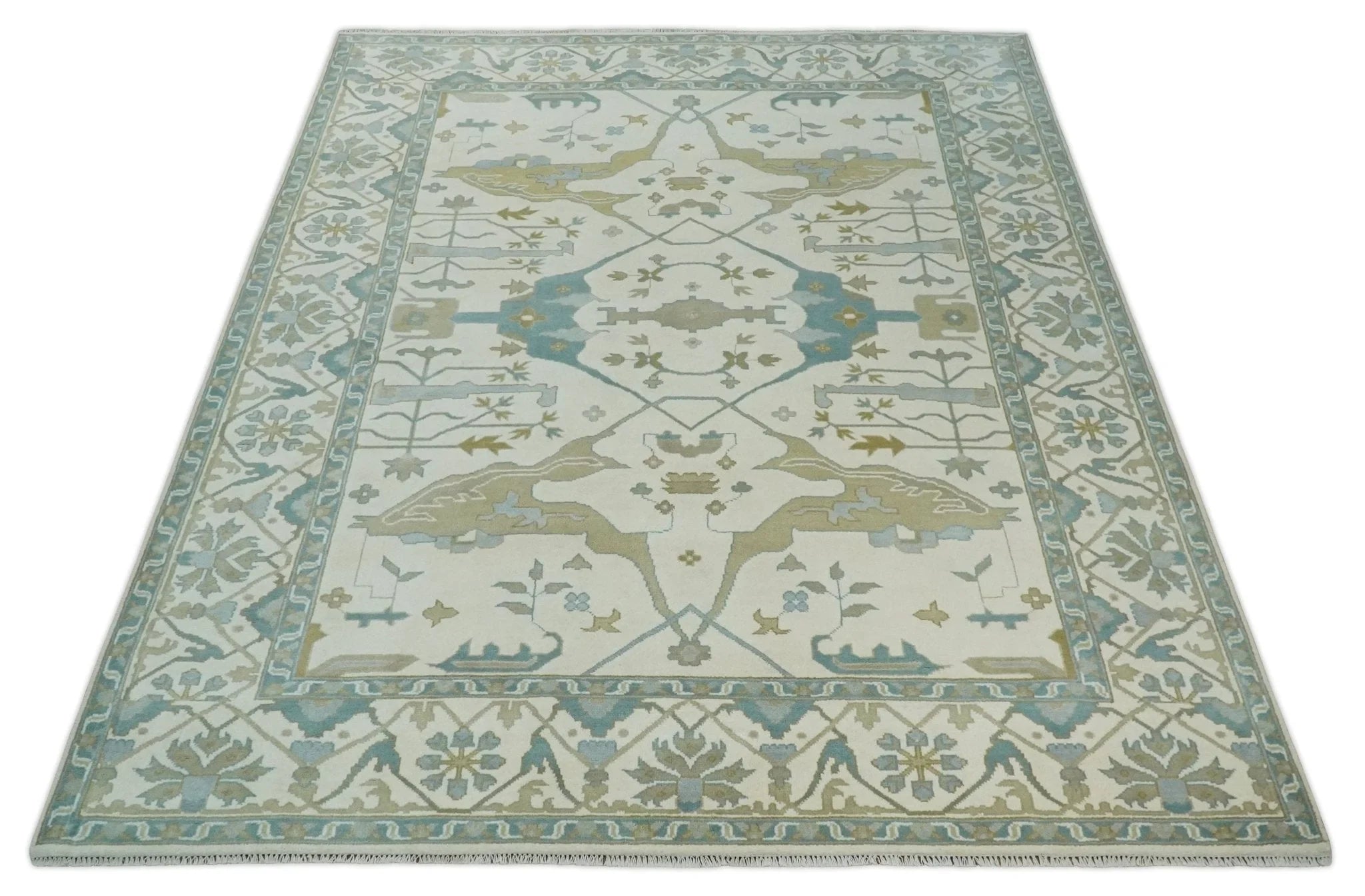 Custom Made Hand Knotted Oriental Oushak Ivory, Teal and Beige Wool Area Rug - The Rug Decor