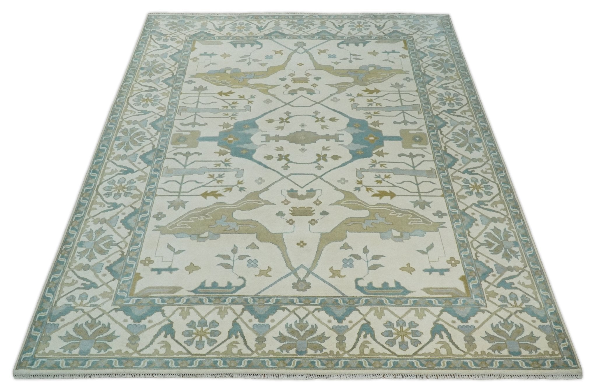 Custom Made Hand Knotted Oriental Oushak Ivory, Teal and Beige Wool Area Rug