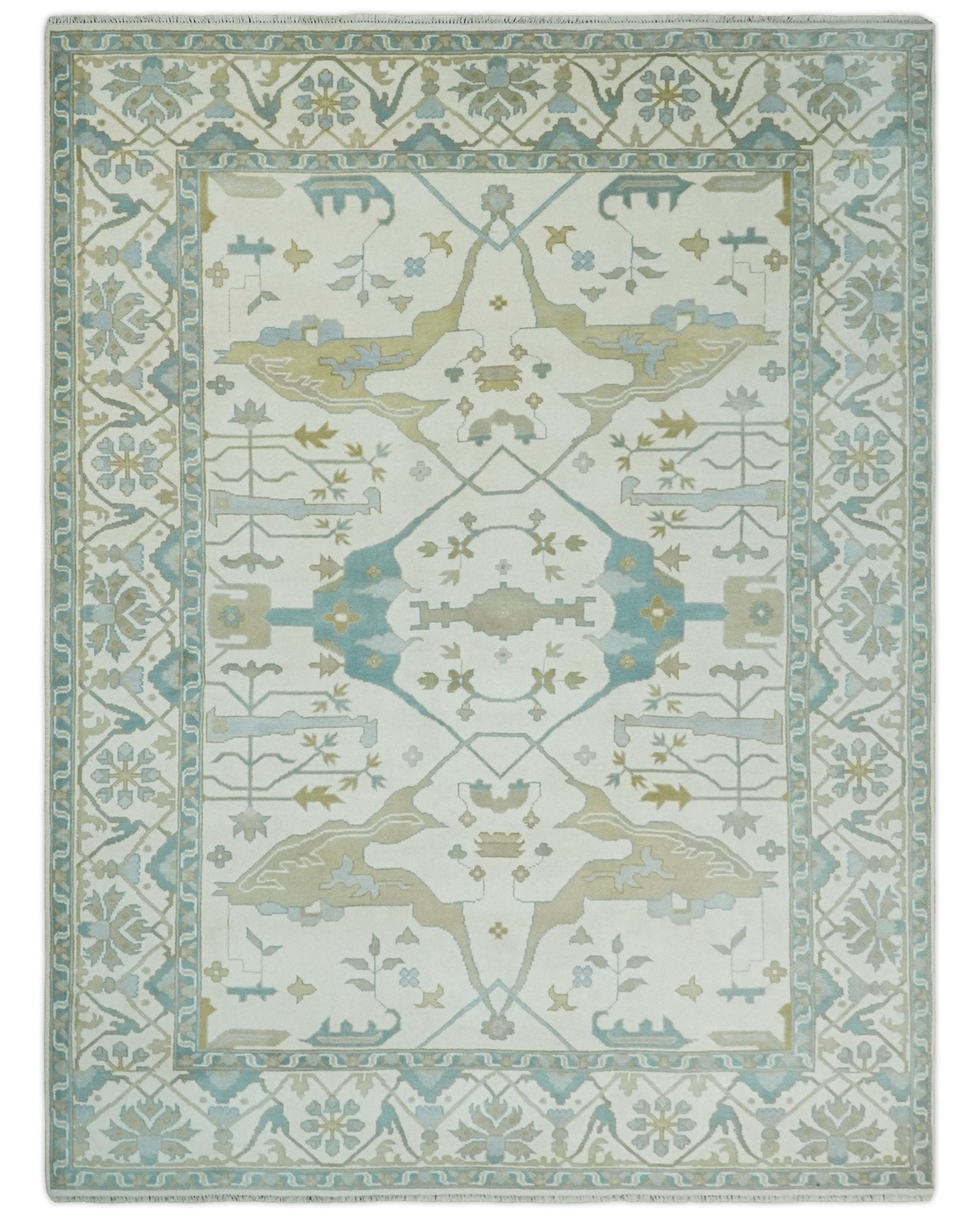Custom Made Hand Knotted Oriental Oushak Ivory, Teal and Beige Wool Area Rug
