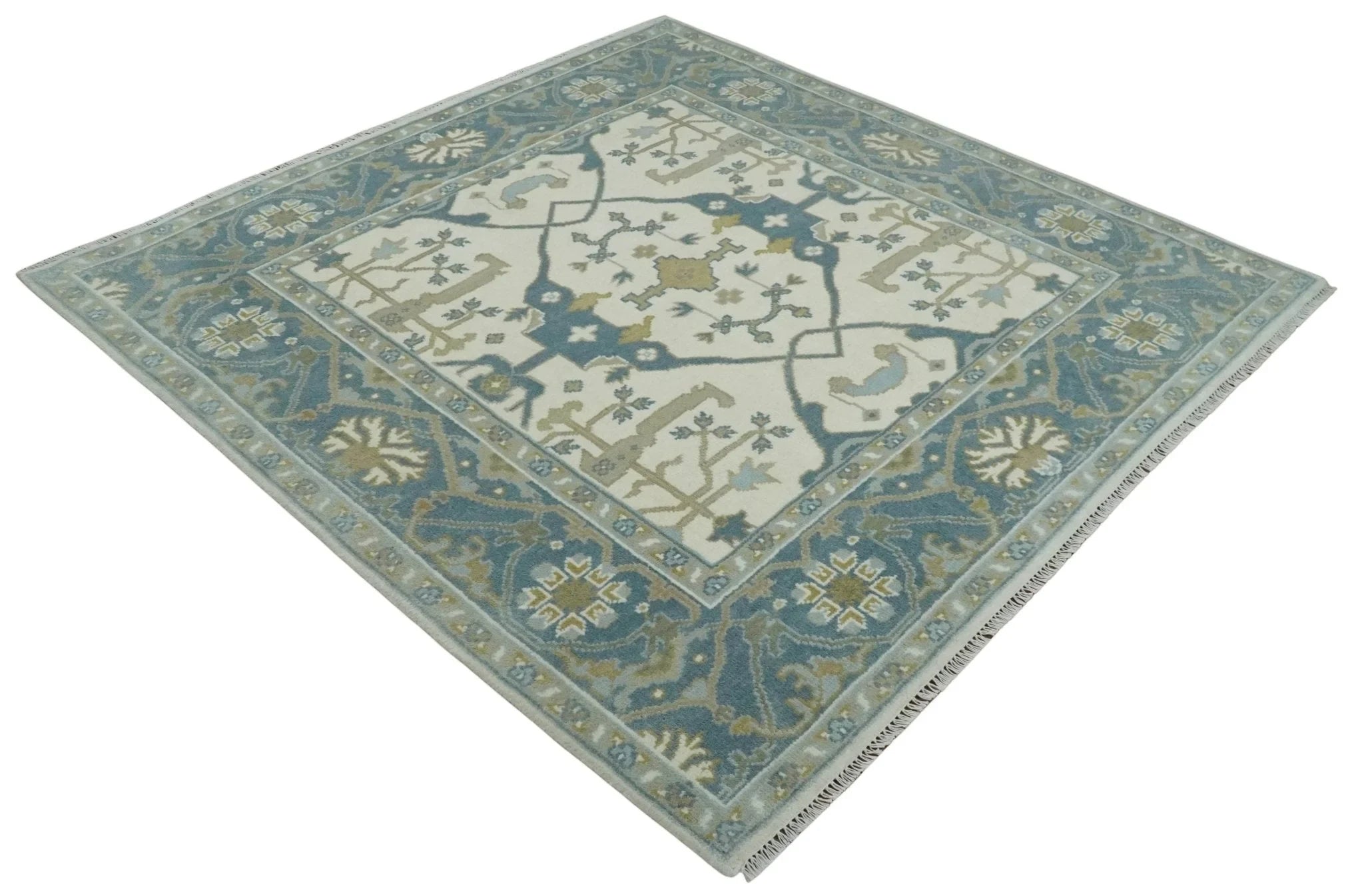 Custom Made Hand Knotted Oriental Oushak Ivory, Teal and Beige Wool Area Rug - The Rug Decor