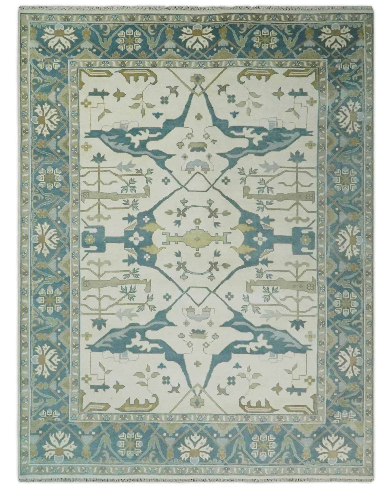Custom Made Hand Knotted Oriental Oushak Ivory, Teal and Beige Wool Area Rug - The Rug Decor