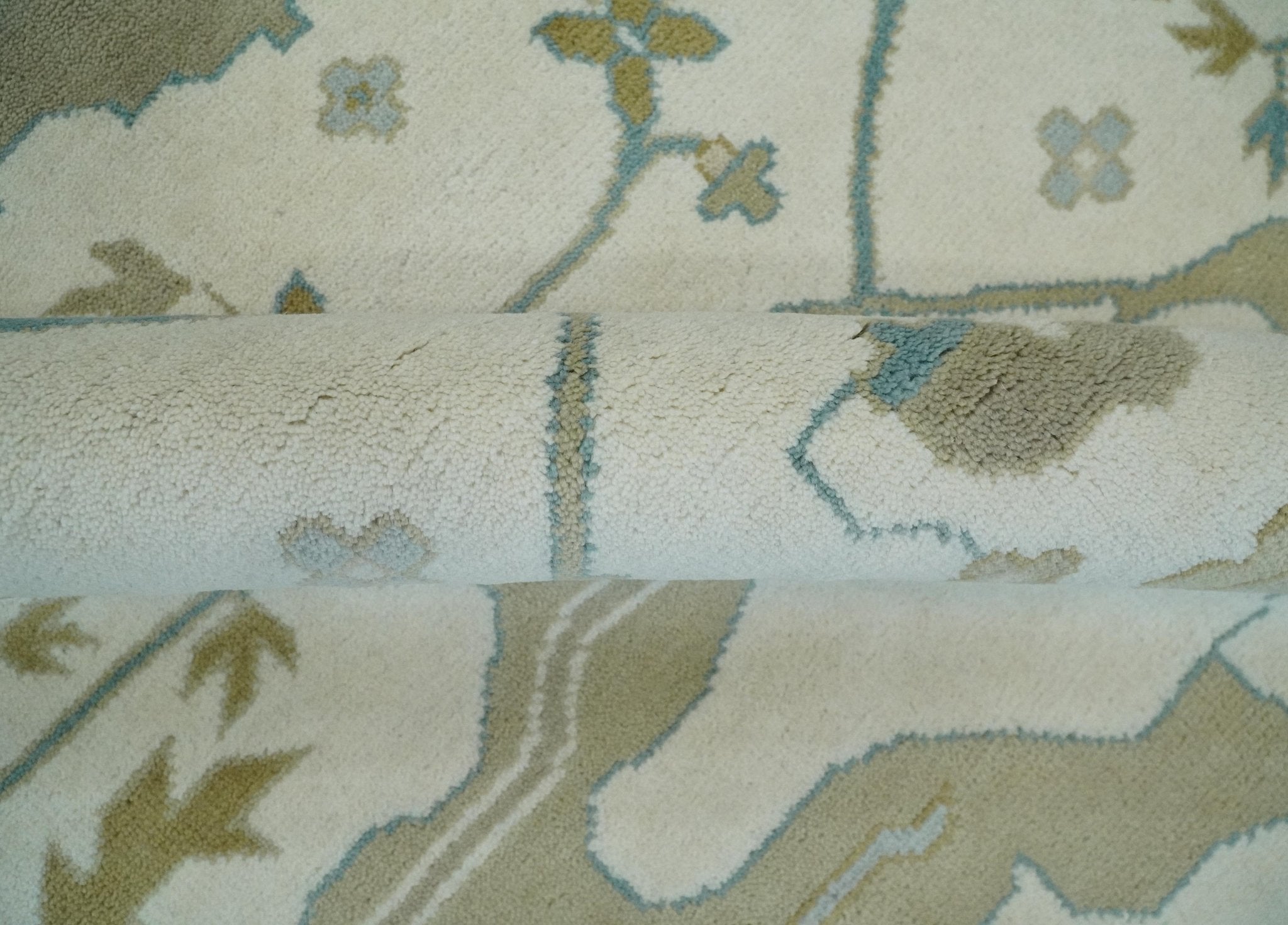 Custom Made Hand Knotted Oriental Oushak Ivory, Teal and Beige Wool Area Rug - The Rug Decor