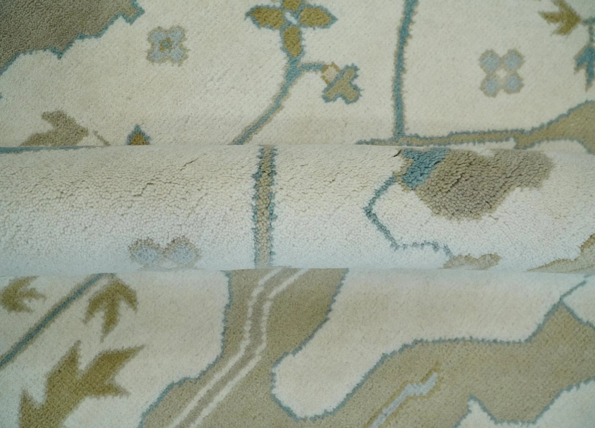 Custom Made Hand Knotted Oriental Oushak Ivory, Teal and Beige Wool Area Rug - The Rug Decor