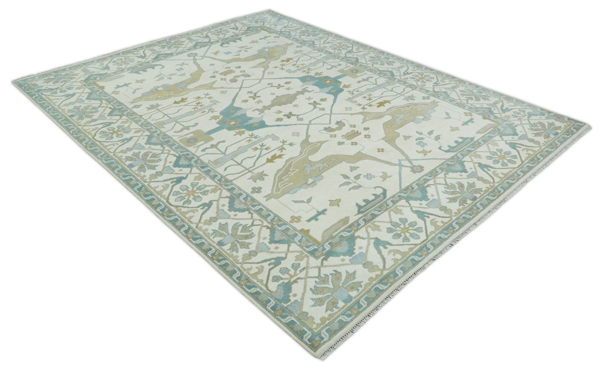 Custom Made Hand Knotted Oriental Oushak Ivory, Teal and Beige Wool Area Rug - The Rug Decor