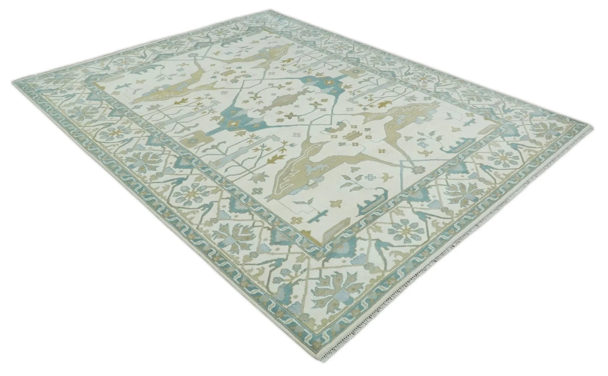 Custom Made Hand Knotted Oriental Oushak Ivory, Teal and Beige Wool Area Rug - The Rug Decor