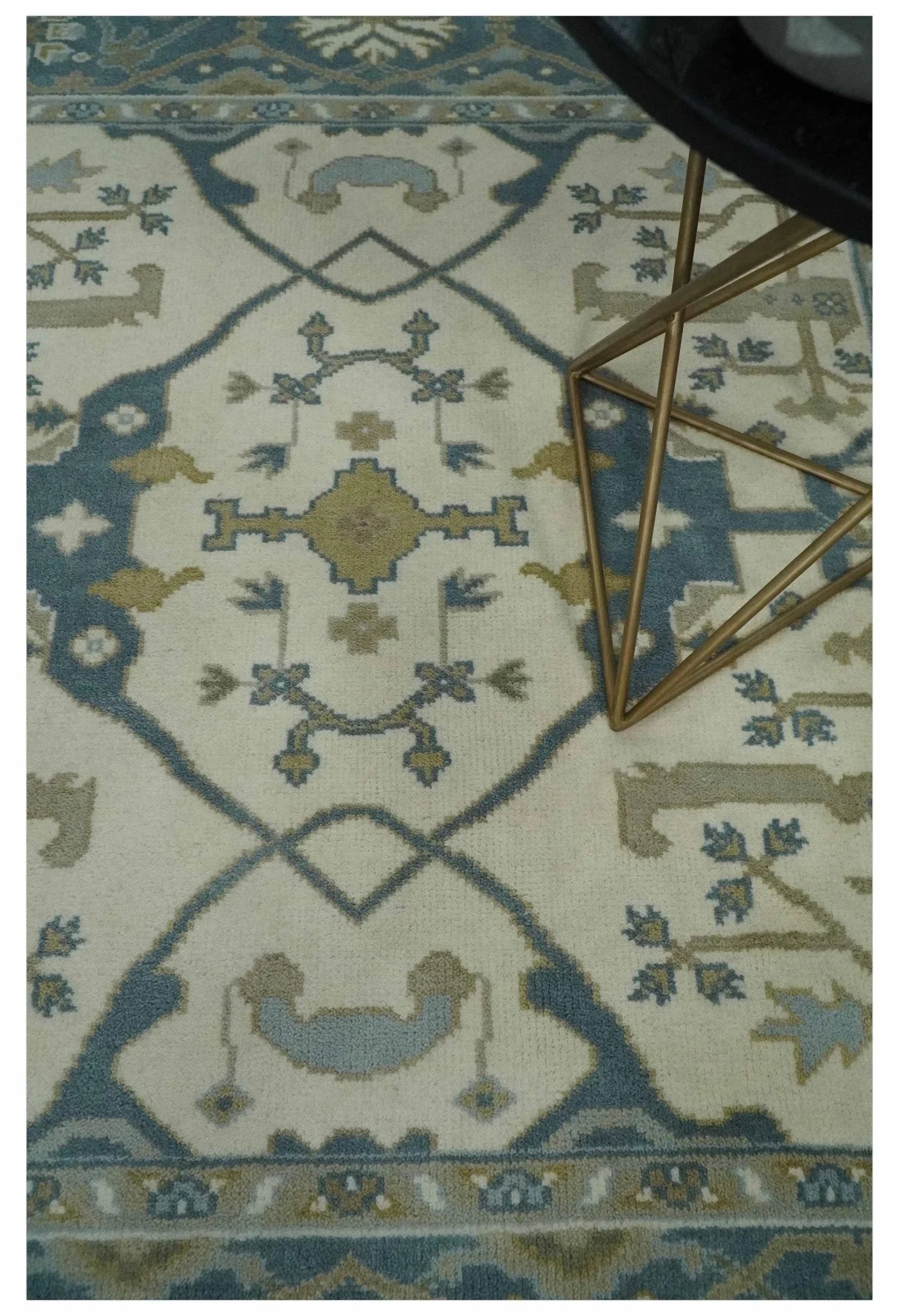 Custom Made Hand Knotted Oriental Oushak Ivory, Teal and Beige Wool Area Rug - The Rug Decor