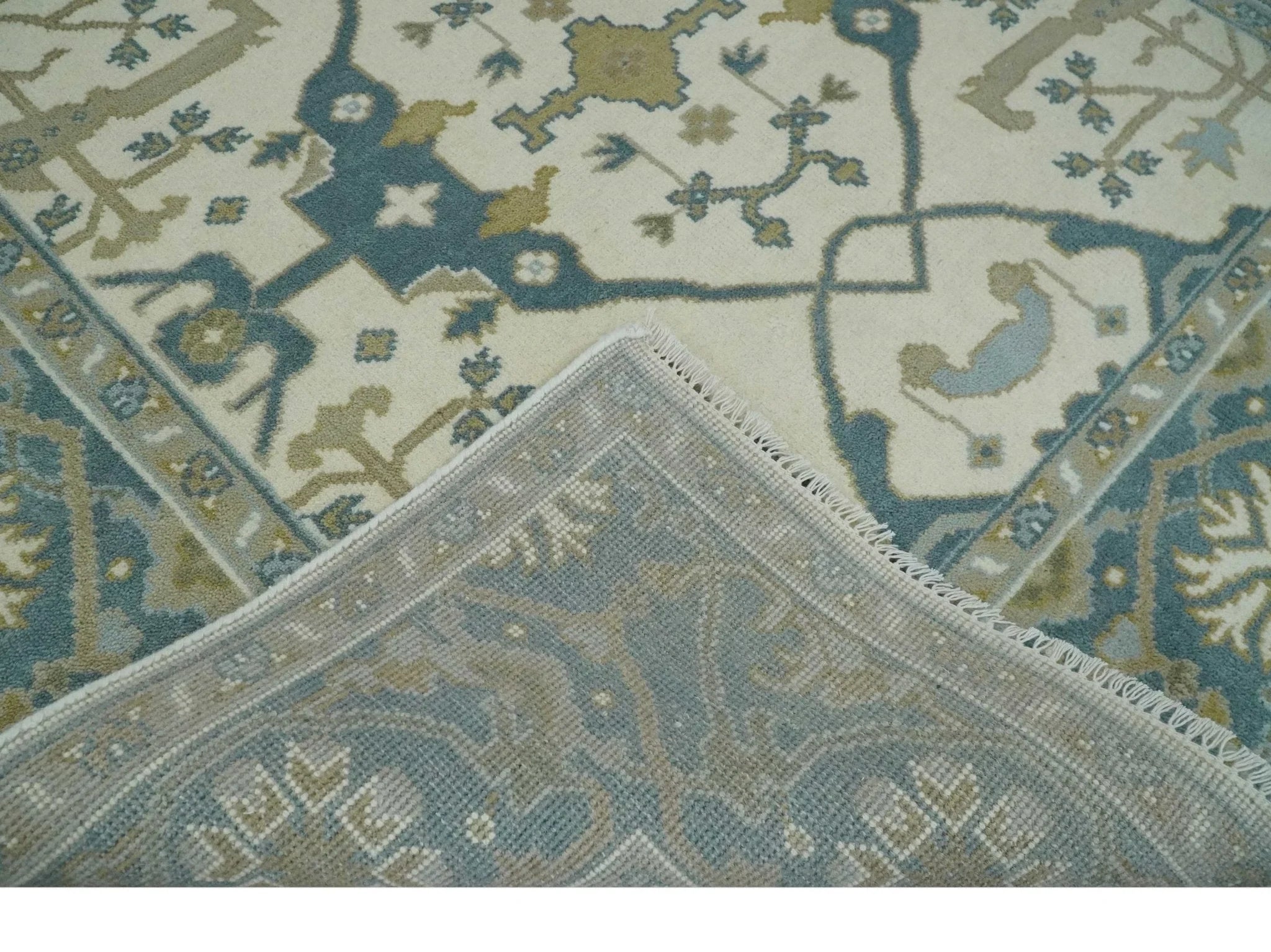 Custom Made Hand Knotted Oriental Oushak Ivory, Teal and Beige Wool Area Rug - The Rug Decor