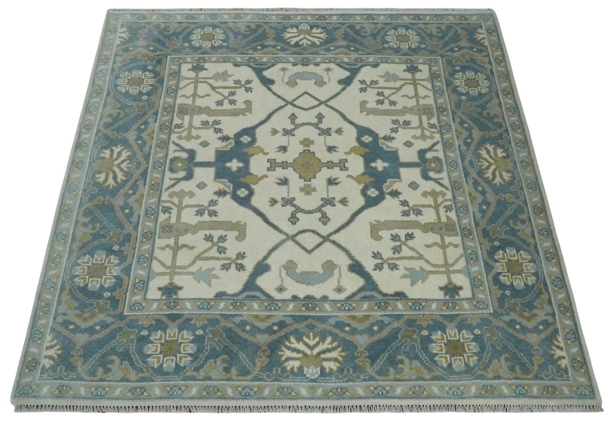 Custom Made Hand Knotted Oriental Oushak Ivory, Teal and Beige Wool Area Rug - The Rug Decor