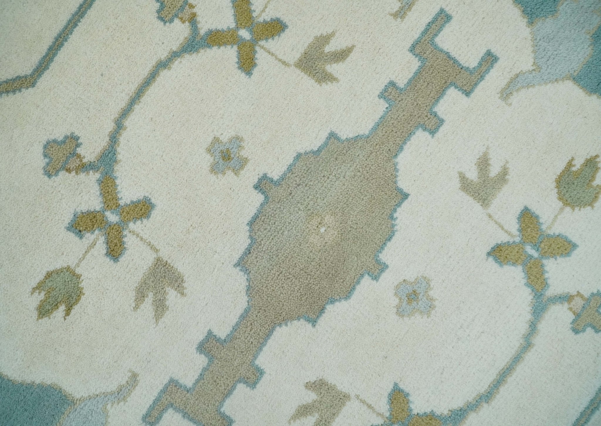 Custom Made Hand Knotted Oriental Oushak Ivory, Teal and Beige Wool Area Rug - The Rug Decor