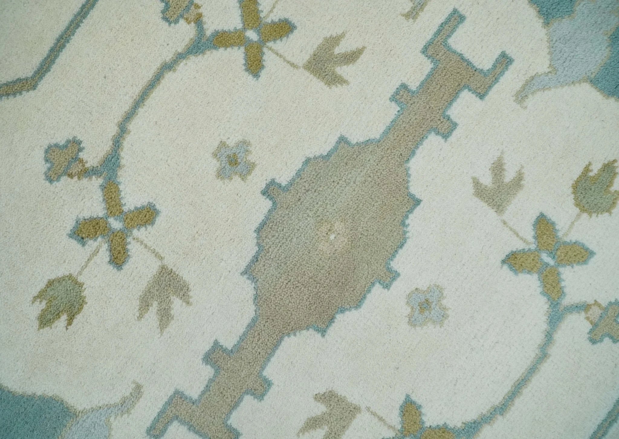 Custom Made Hand Knotted Oriental Oushak Ivory, Teal and Beige Wool Area Rug - The Rug Decor