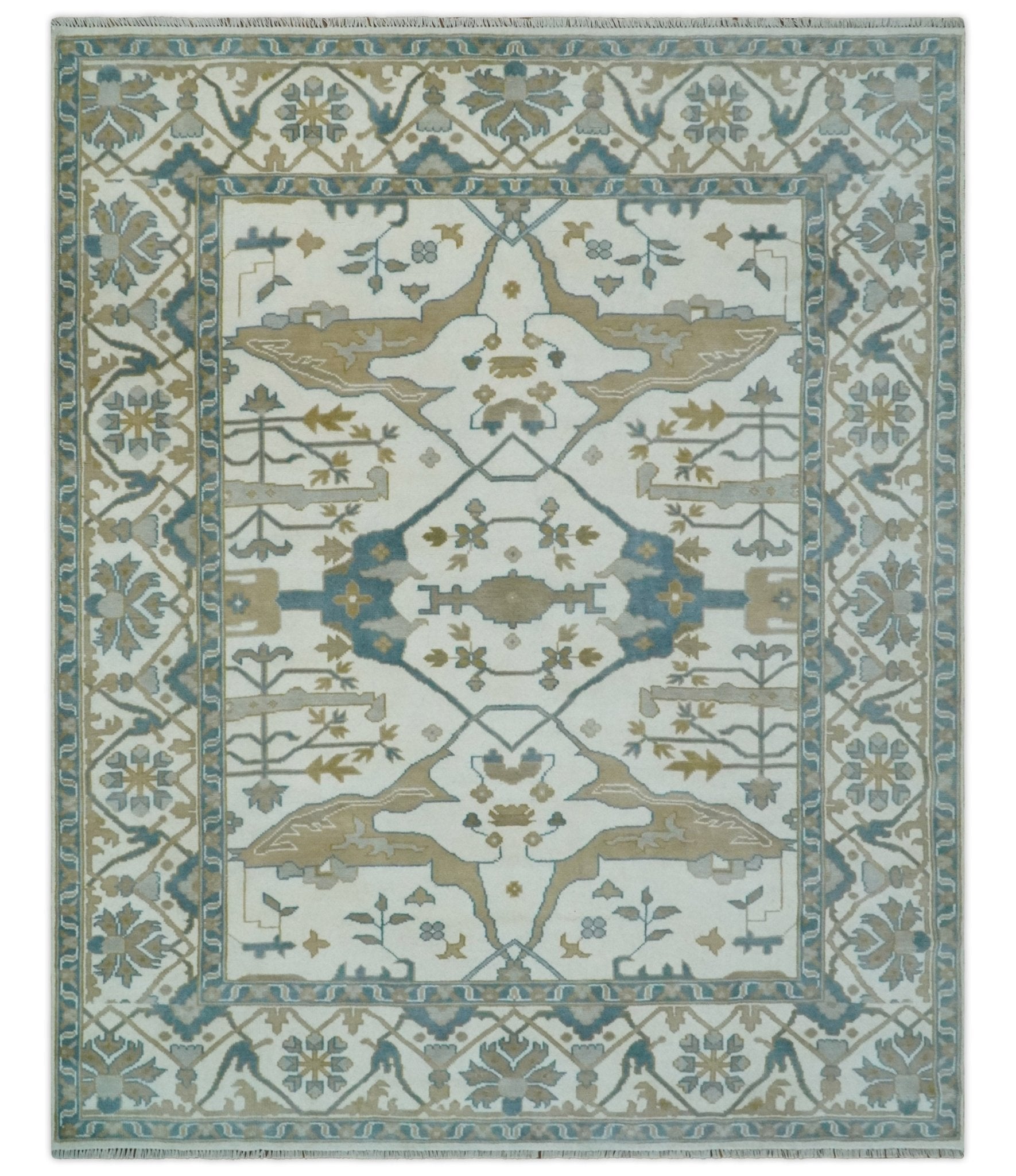 Custom Made Hand Knotted Oriental Oushak Ivory, Teal and Beige Wool Area Rug