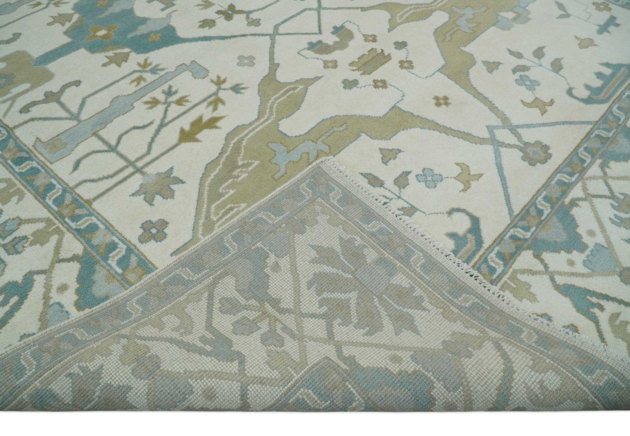 Custom Made Hand Knotted Oriental Oushak Ivory, Teal and Beige Wool Area Rug - The Rug Decor