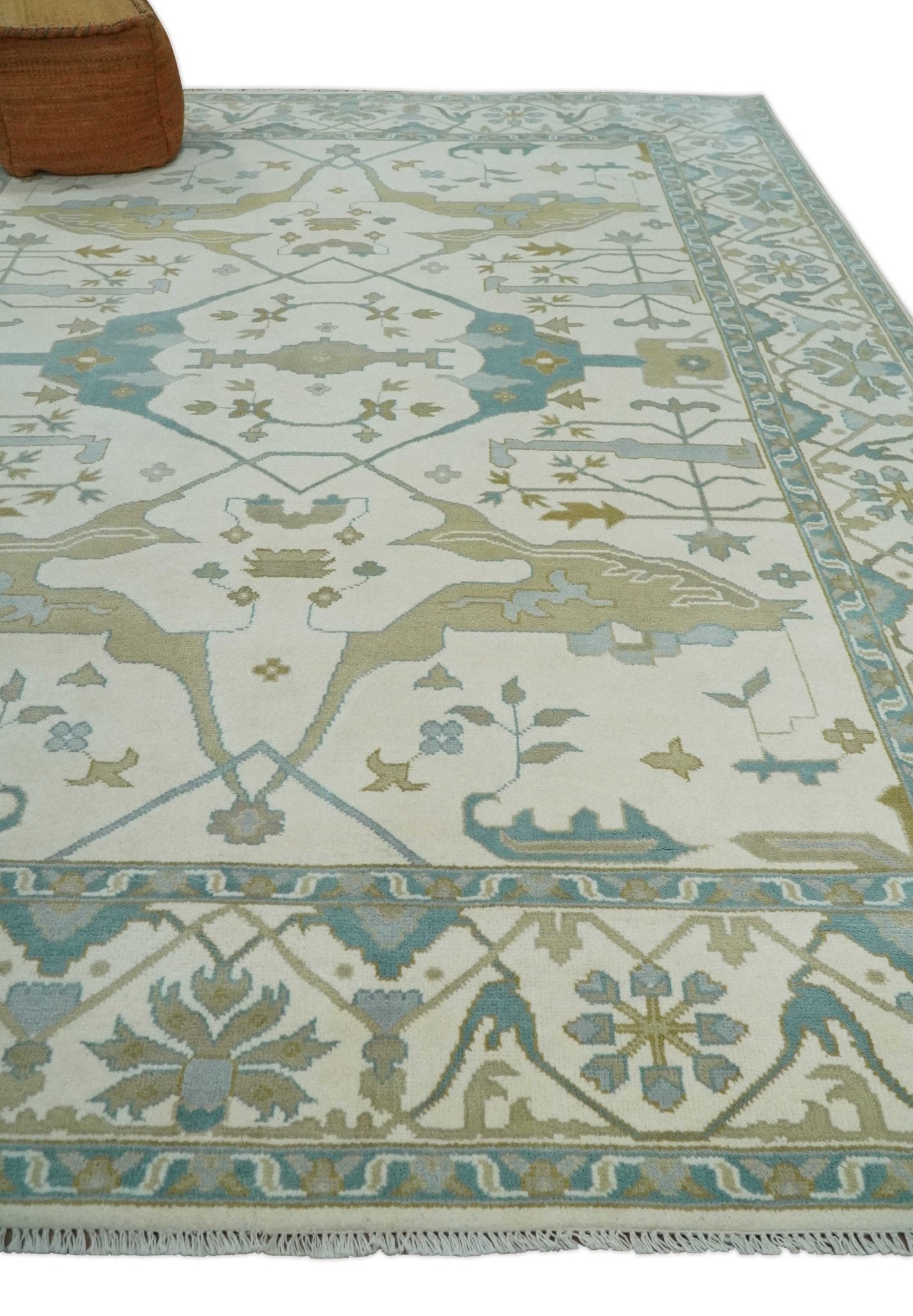 Custom Made Hand Knotted Oriental Oushak Ivory, Teal and Beige Wool Area Rug - The Rug Decor