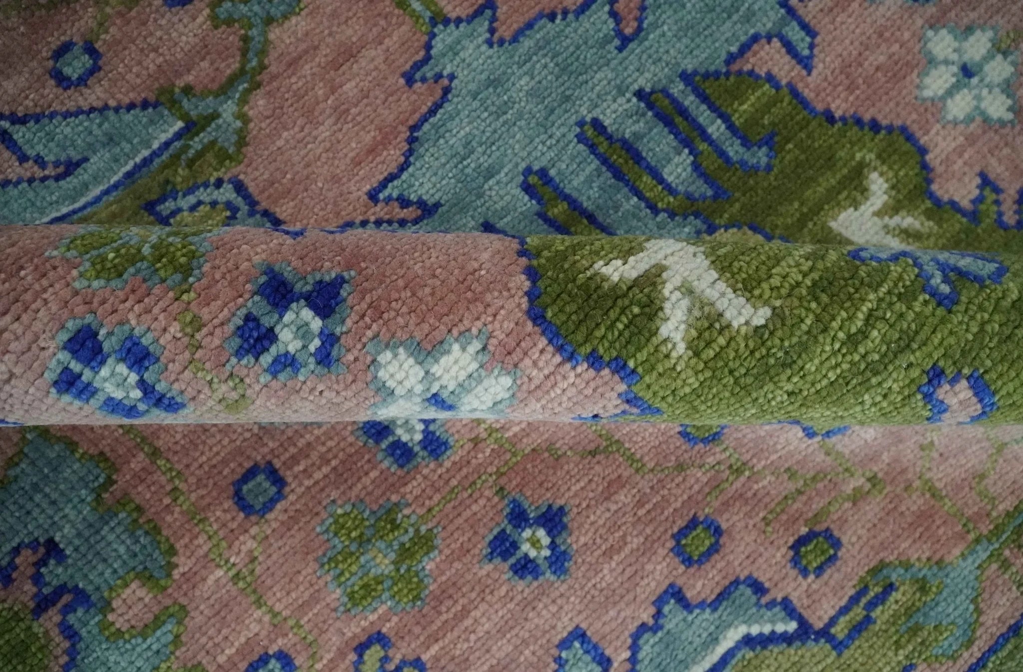 Custom Made Hand knotted Peach, Green and Blue Antique Design Area Rug - The Rug Decor