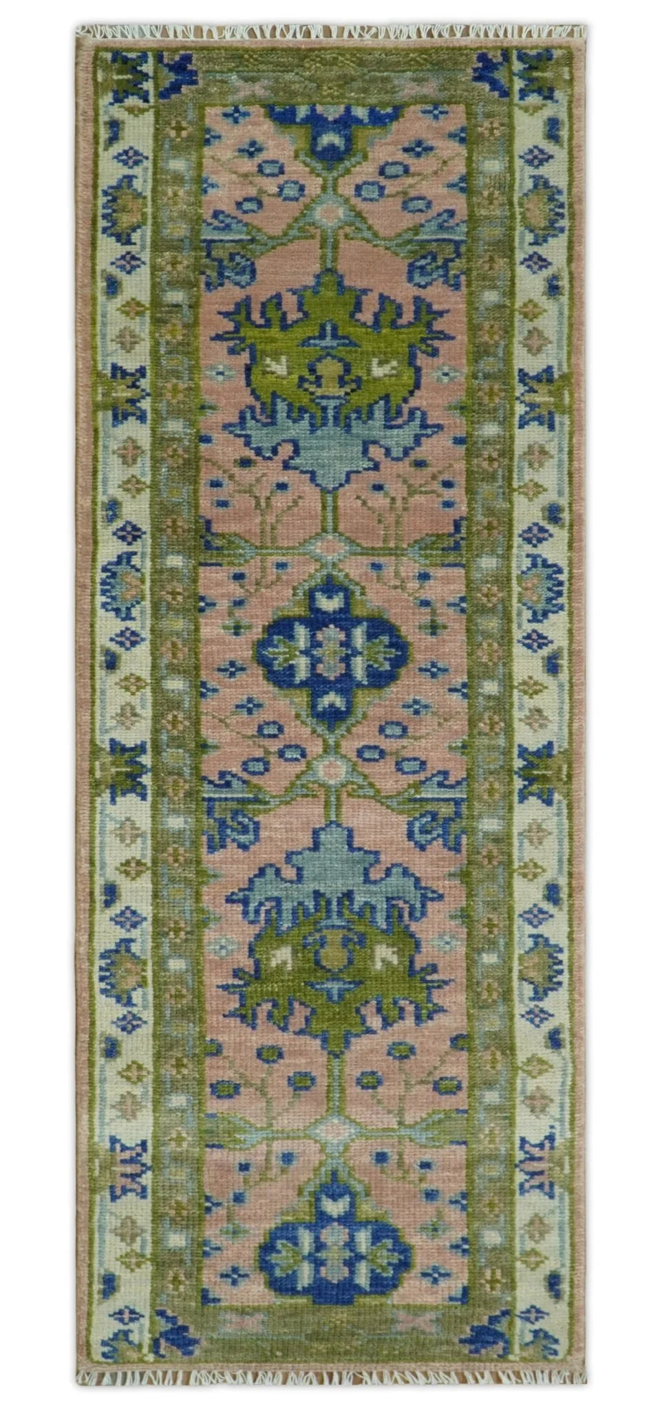 Custom Made Hand knotted Peach, Green and Blue Antique Design Area Rug - The Rug Decor