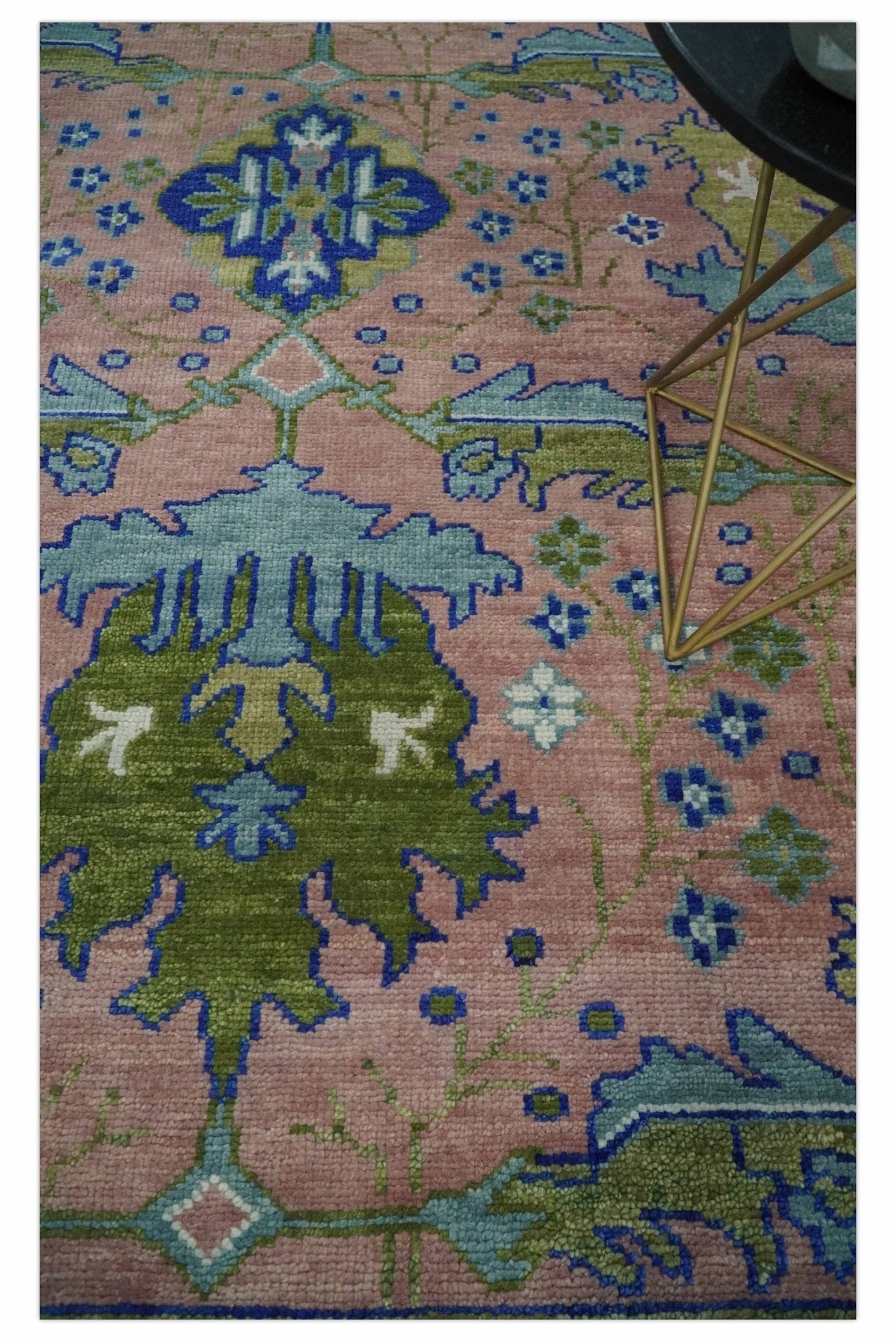 Custom Made Hand knotted Peach, Green and Blue Antique Design Area Rug