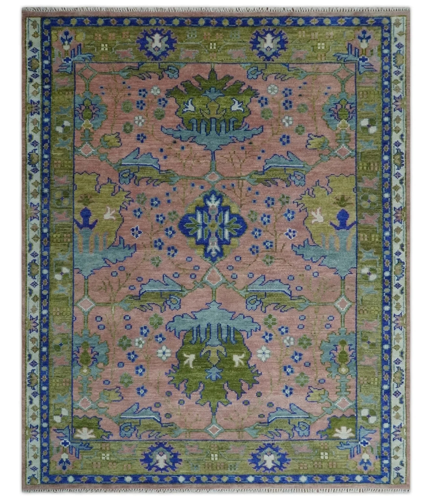 Custom Made Hand knotted Peach, Green and Blue Antique Design Area Rug - The Rug Decor