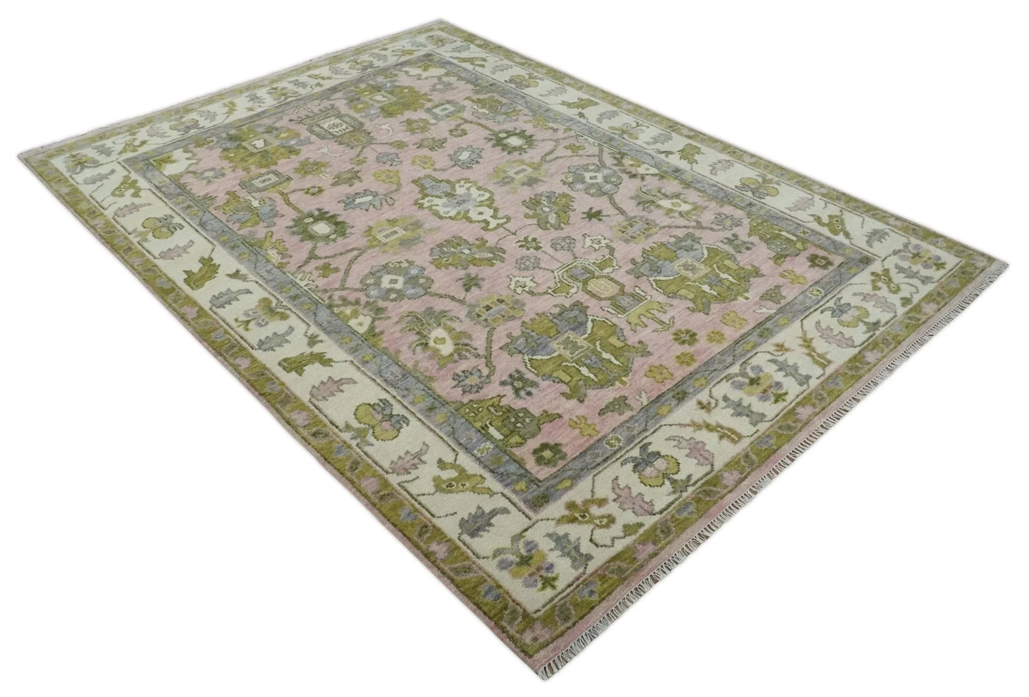 Custom Made Hand Knotted Peach, Ivory and Olive Traditional Style Wool Area Rug - The Rug Decor