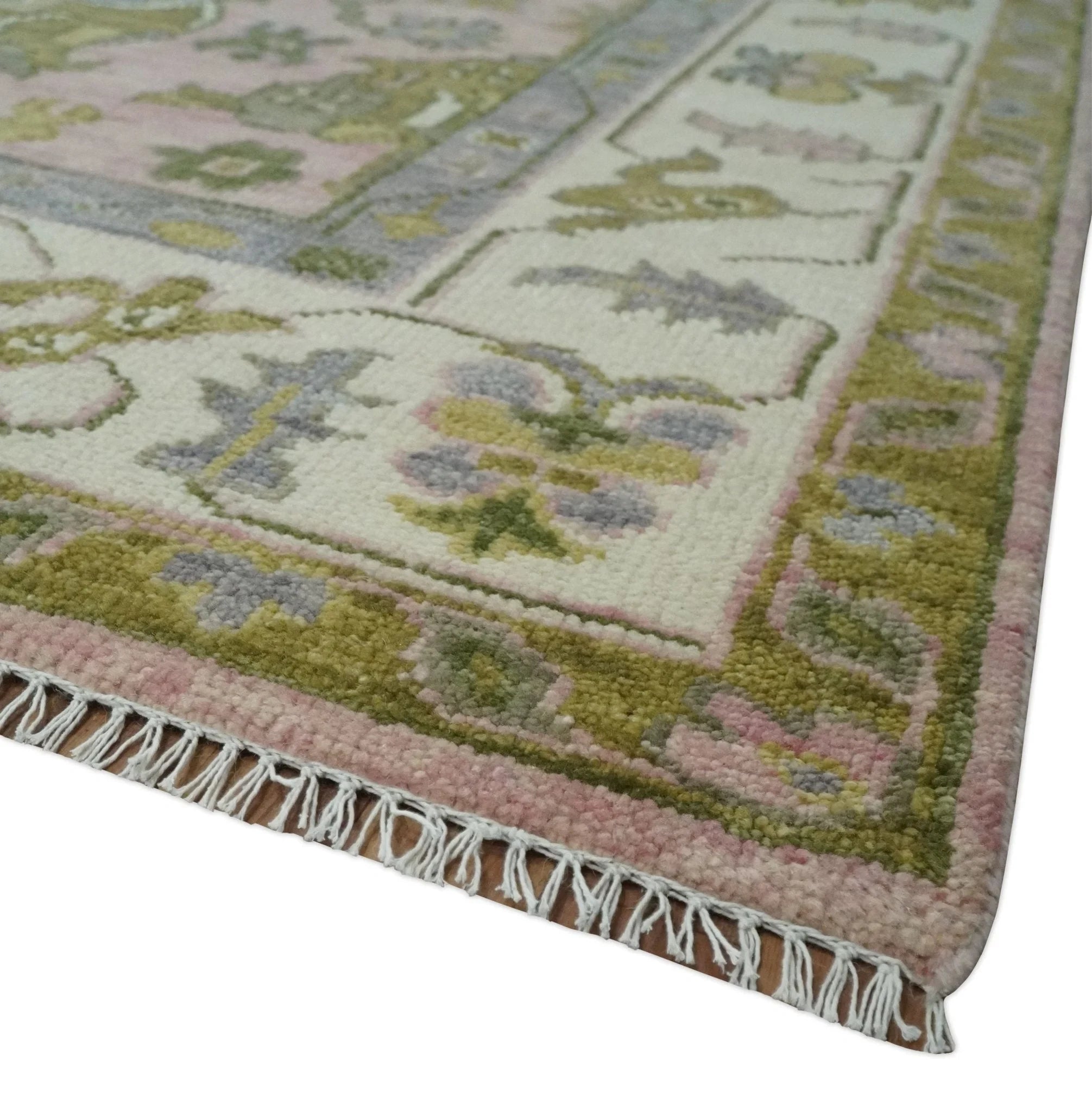 Custom Made Hand Knotted Peach, Ivory and Olive Traditional Style Wool Area Rug - The Rug Decor