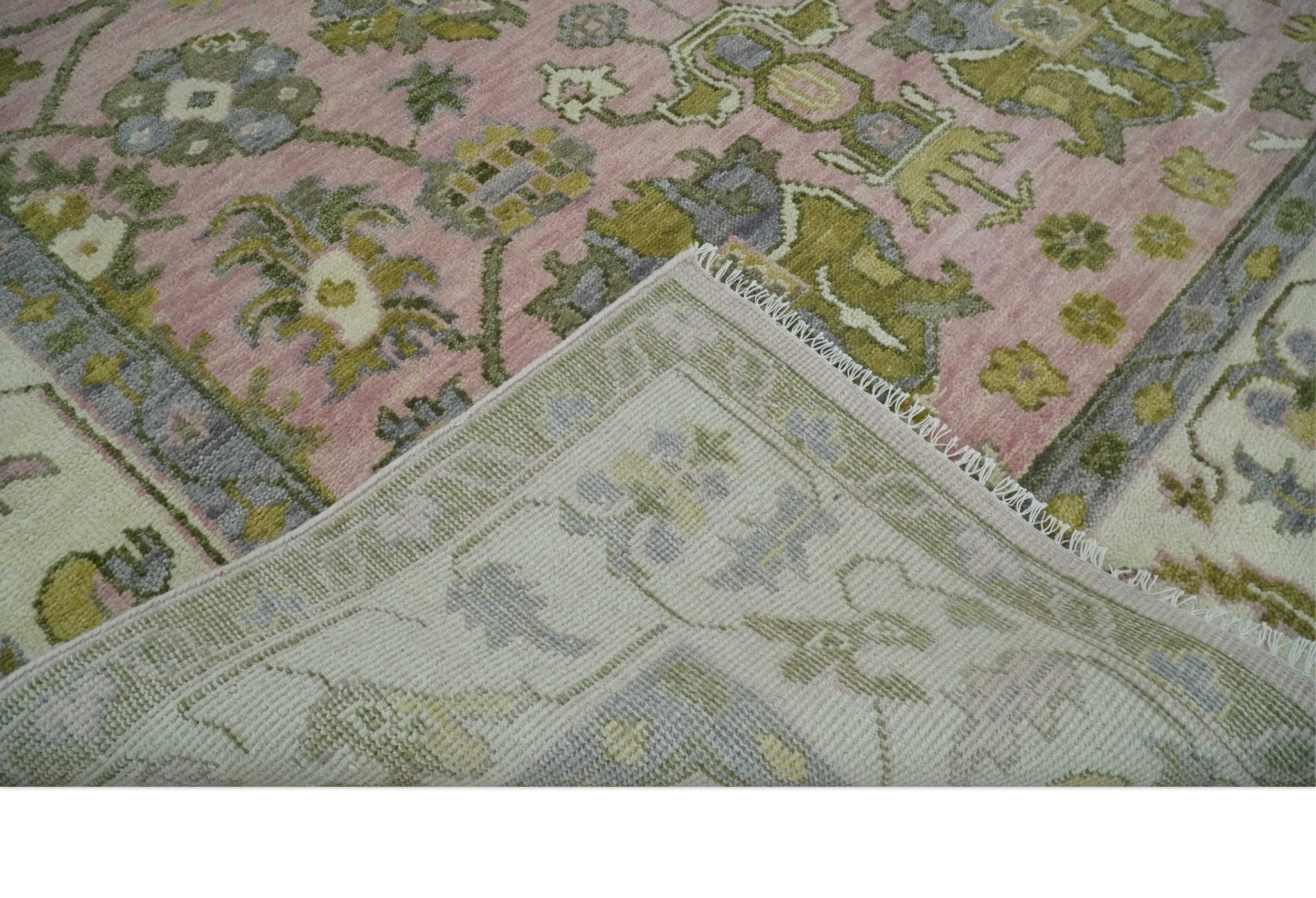 Custom Made Hand Knotted Peach, Ivory and Olive Traditional Style Wool Area Rug - The Rug Decor