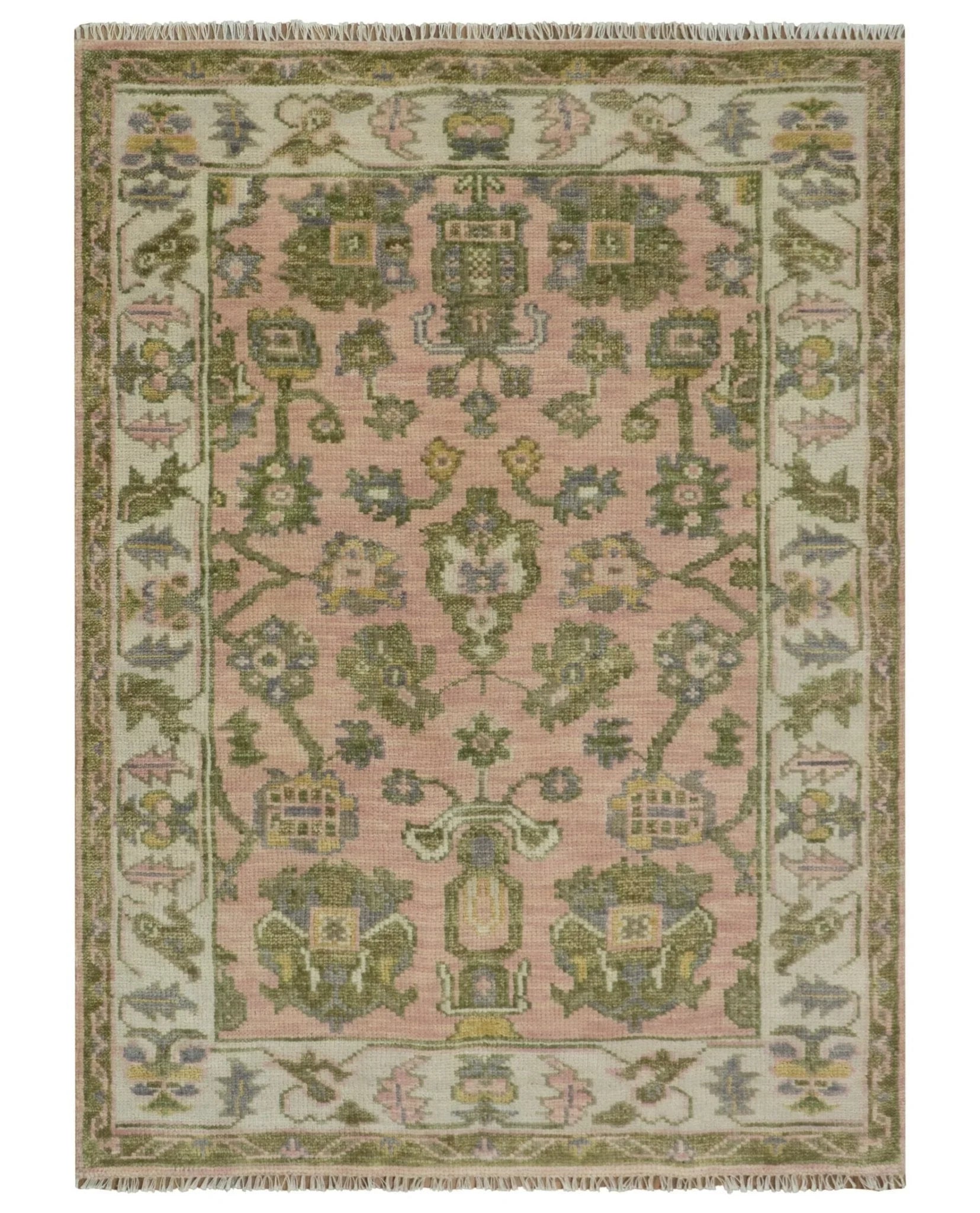 Custom Made Hand Knotted Peach, Ivory and Olive Traditional Style Wool Area Rug - The Rug Decor