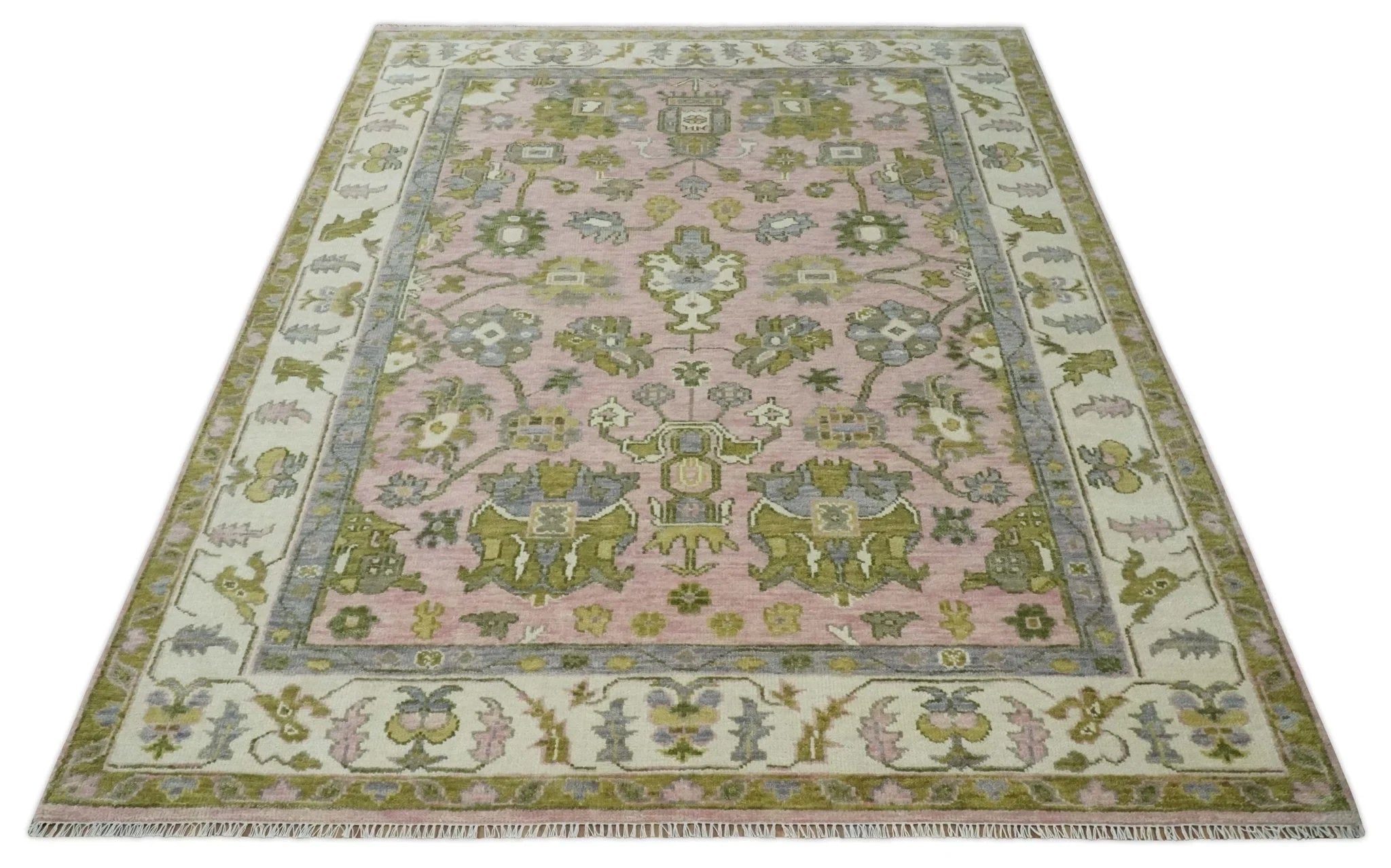 Custom Made Hand Knotted Peach, Ivory and Olive Traditional Style Wool Area Rug - The Rug Decor