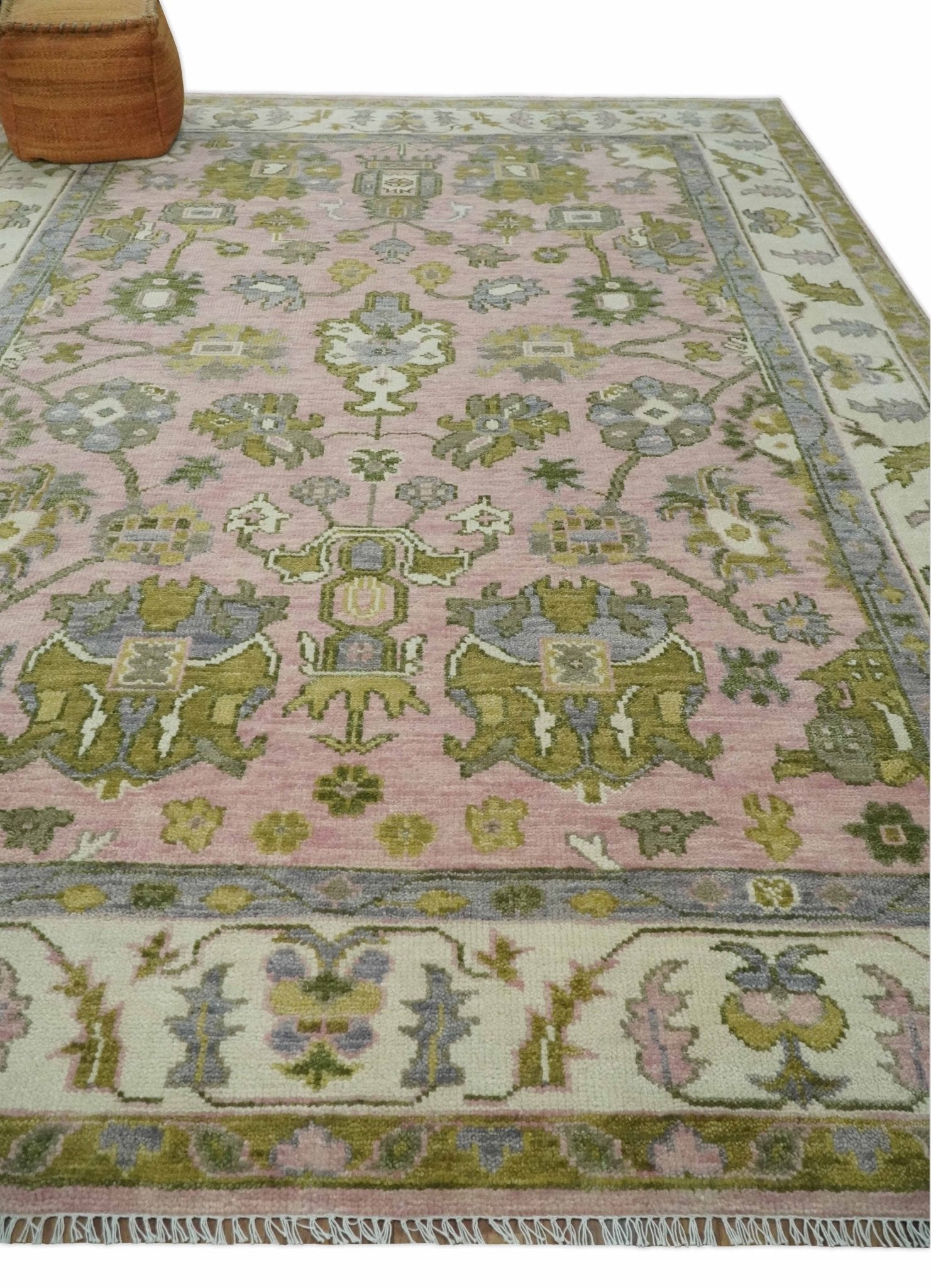 Custom Made Hand Knotted Peach, Ivory and Olive Traditional Style Wool Area Rug - The Rug Decor