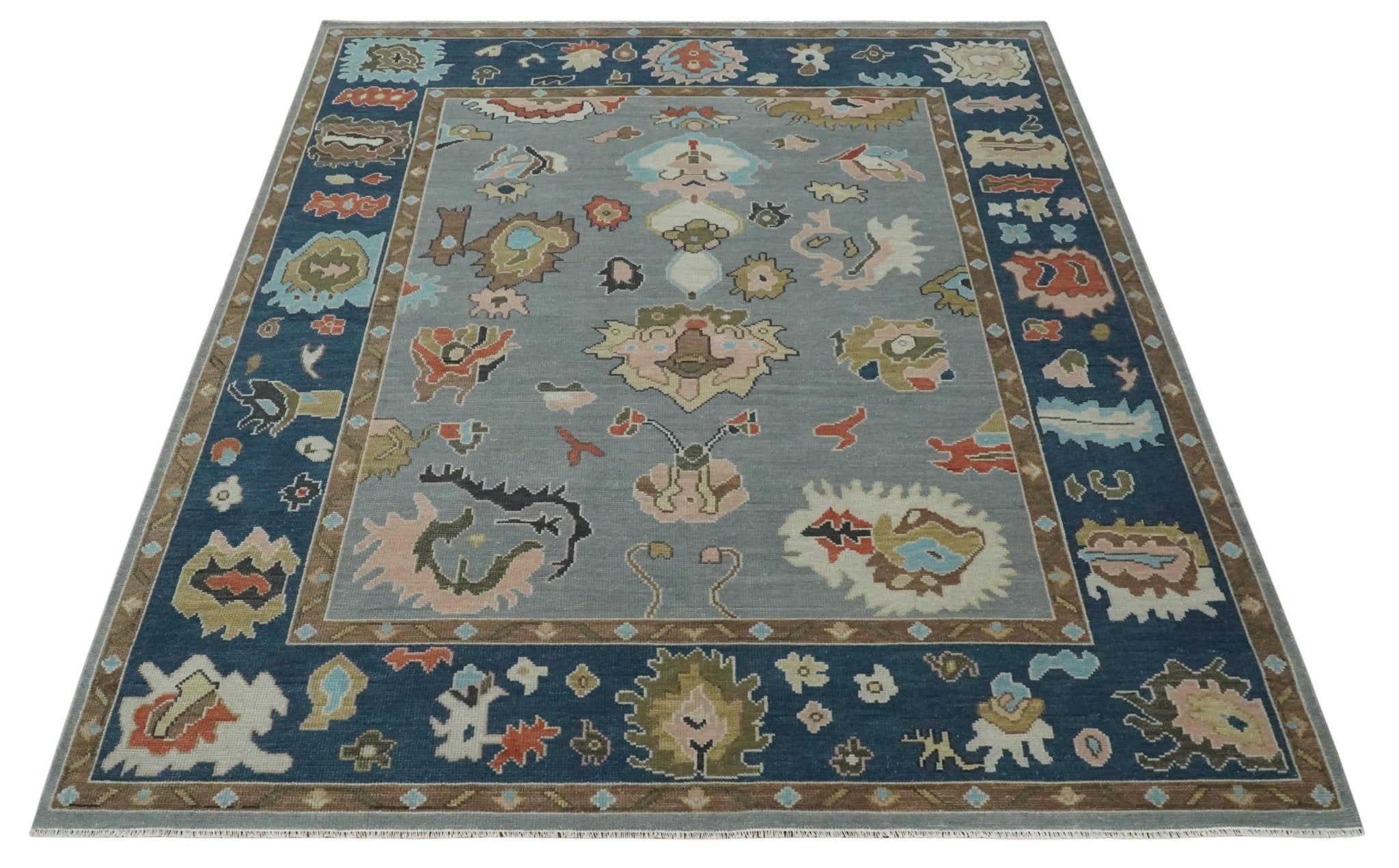 Custom Made Hand Knotted Silver and Blue Colorful Traditional Oushak Wool Area Rug - The Rug Decor