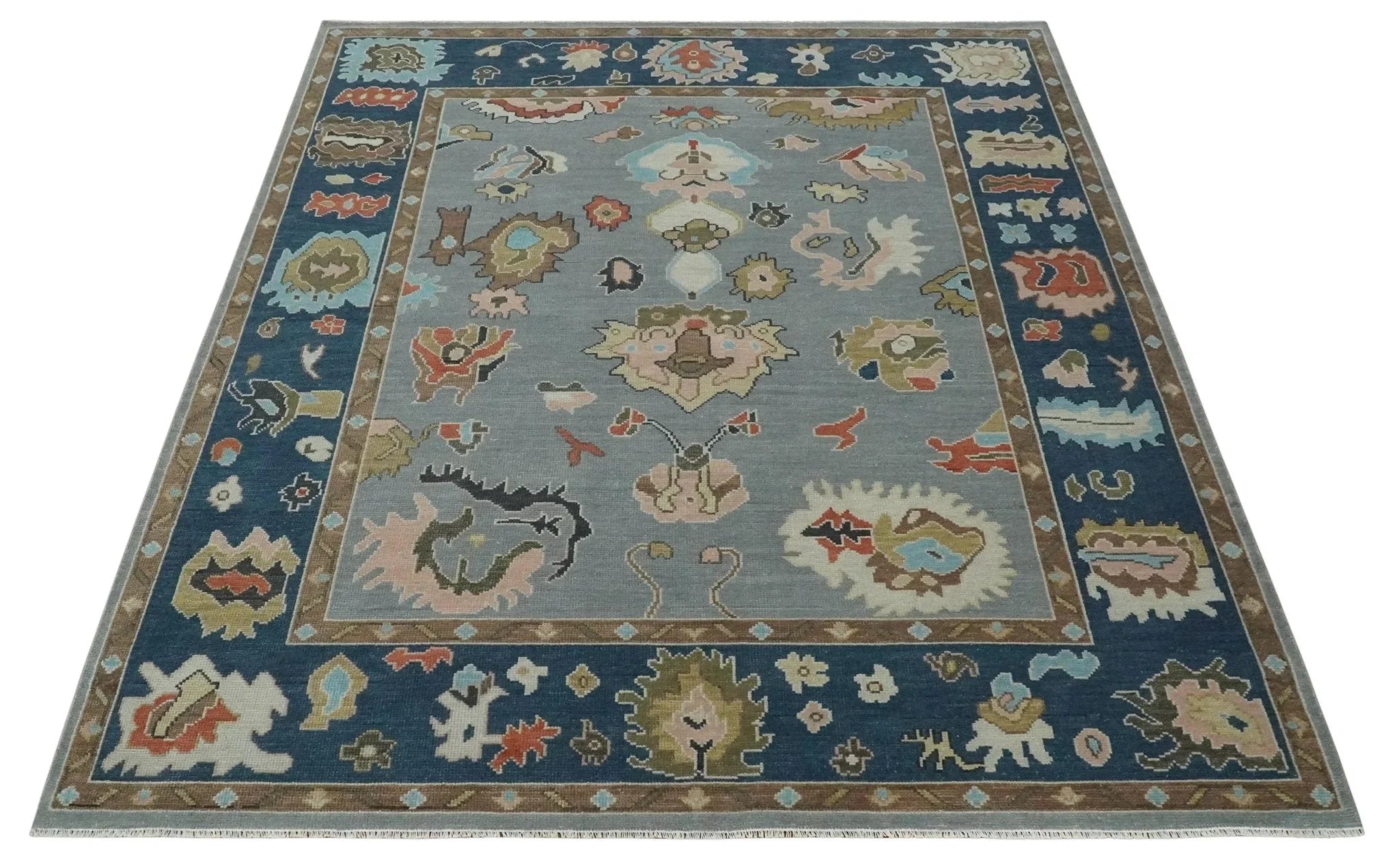 Custom Made Hand Knotted Silver and Blue Colorful Traditional Oushak Wool Area Rug - The Rug Decor