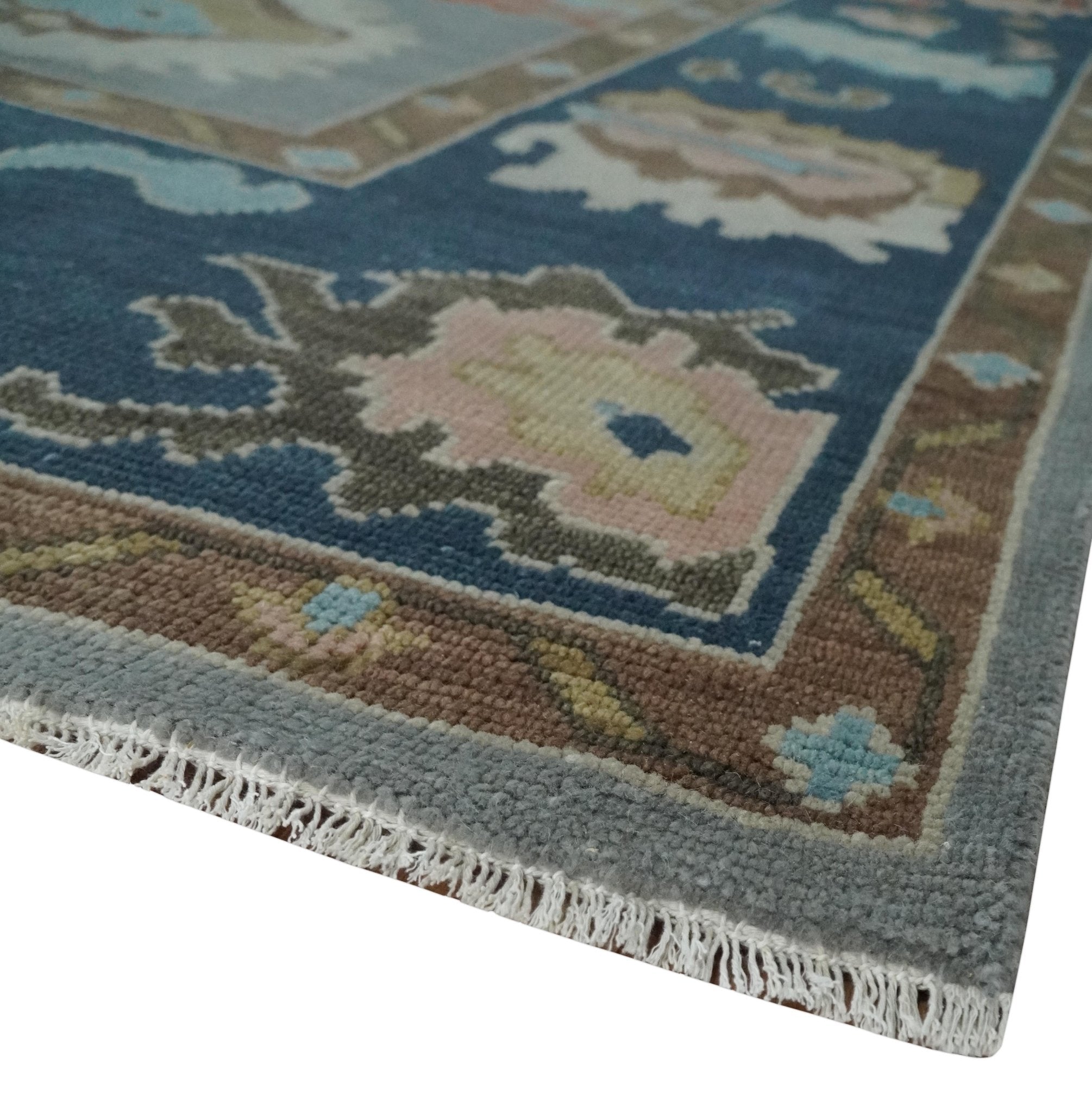 Custom Made Hand Knotted Silver and Blue Colorful Traditional Oushak Wool Area Rug - The Rug Decor