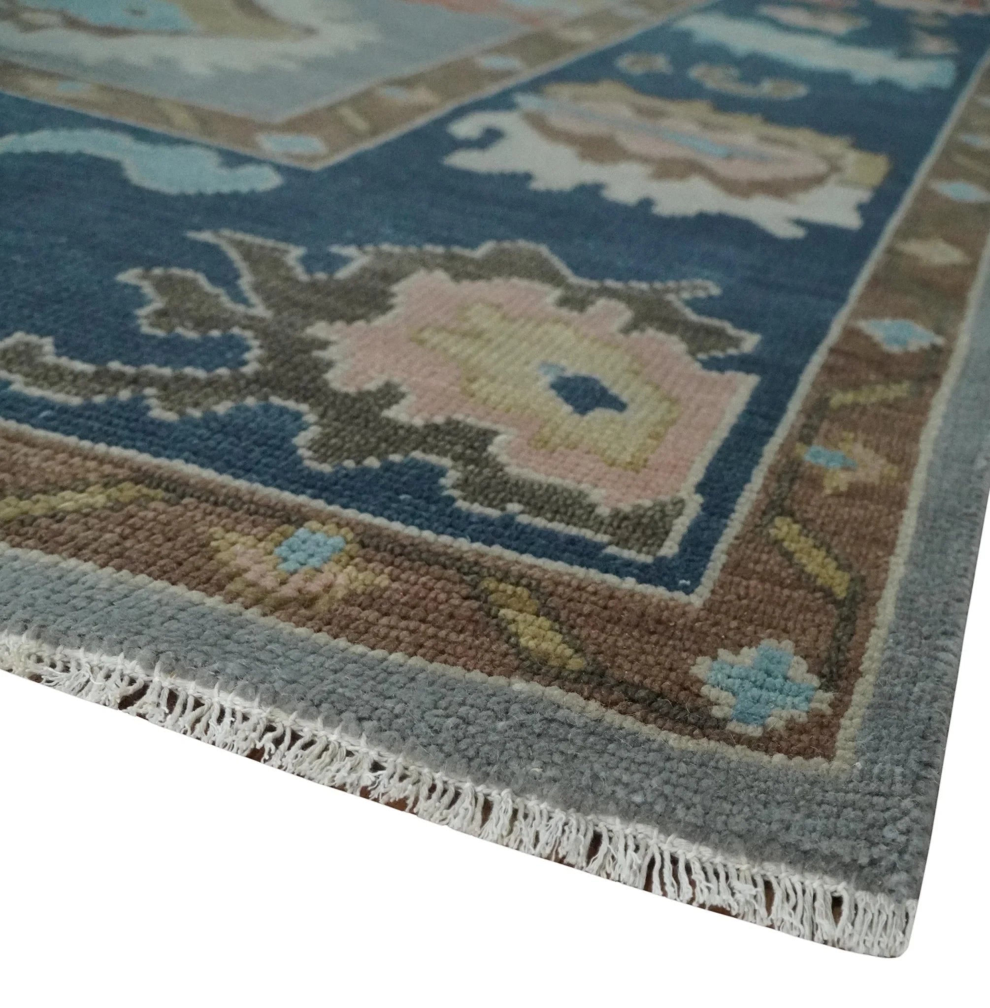 Custom Made Hand Knotted Silver and Blue Colorful Traditional Oushak Wool Area Rug - The Rug Decor