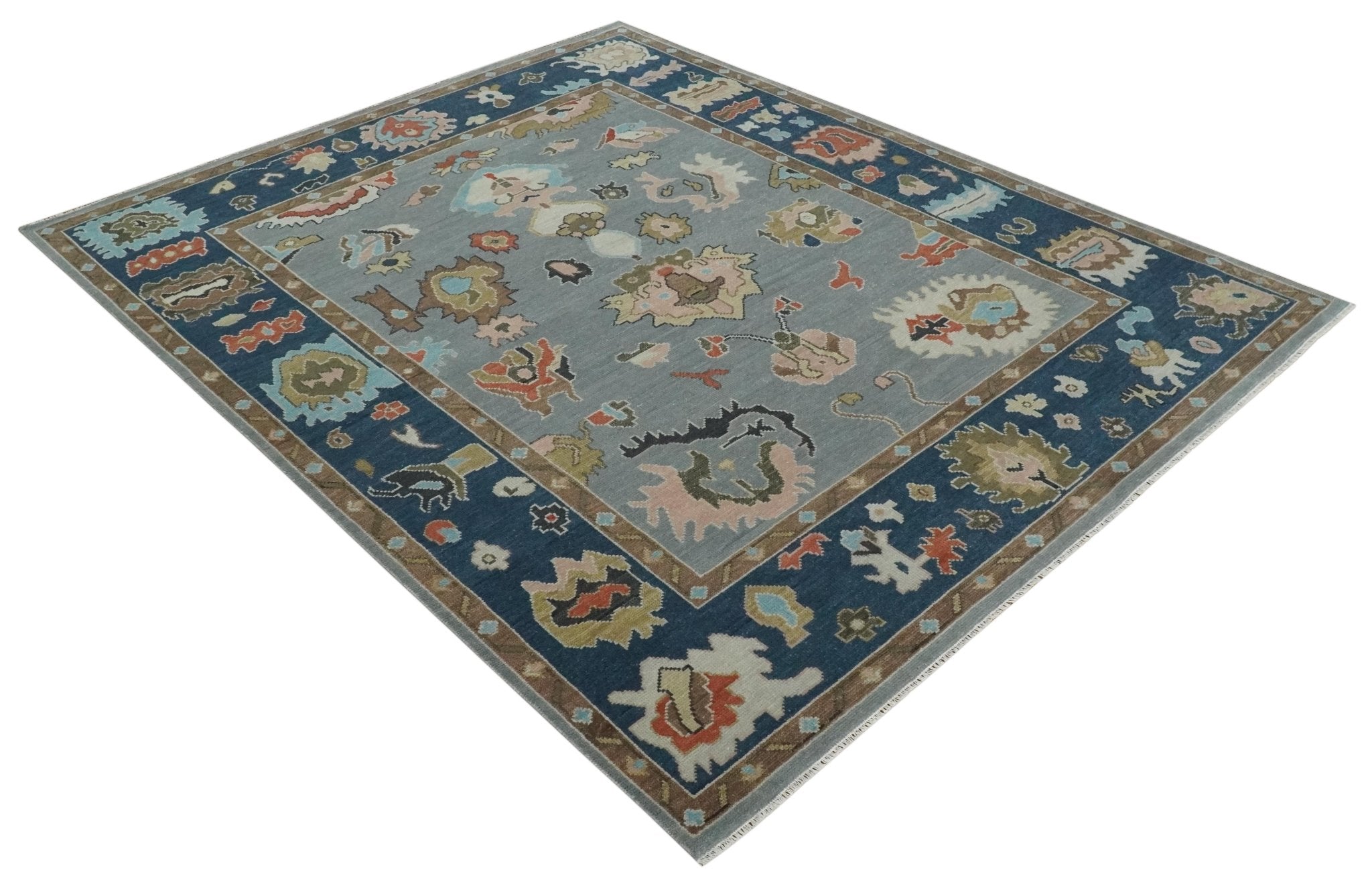 Custom Made Hand Knotted Silver and Blue Colorful Traditional Oushak Wool Area Rug - The Rug Decor